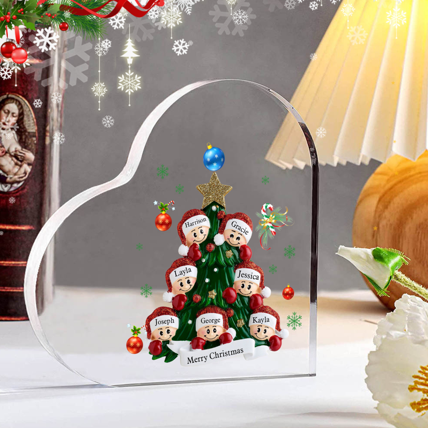 Plaque Acrylique Noël en Forme de Cœur sapin de Noël 7 Prénoms Personn