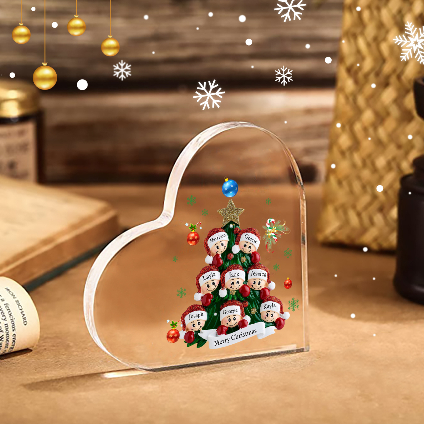 Plaque Acrylique Noël en Forme de Cœur sapin de Noël 8 Prénoms Personnalisés Cadeau pour famille | Jessemade