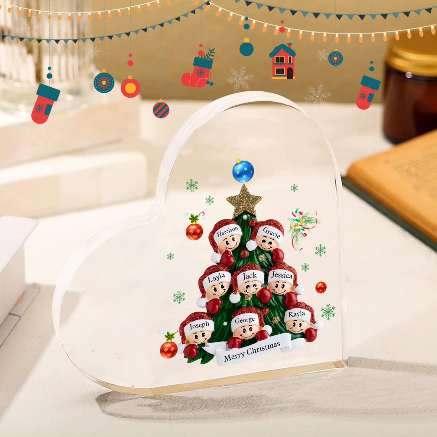 Plaque Acrylique Noël en Forme de Cœur sapin de Noël 8 Prénoms Personnalisés Cadeau pour famille | Jessemade