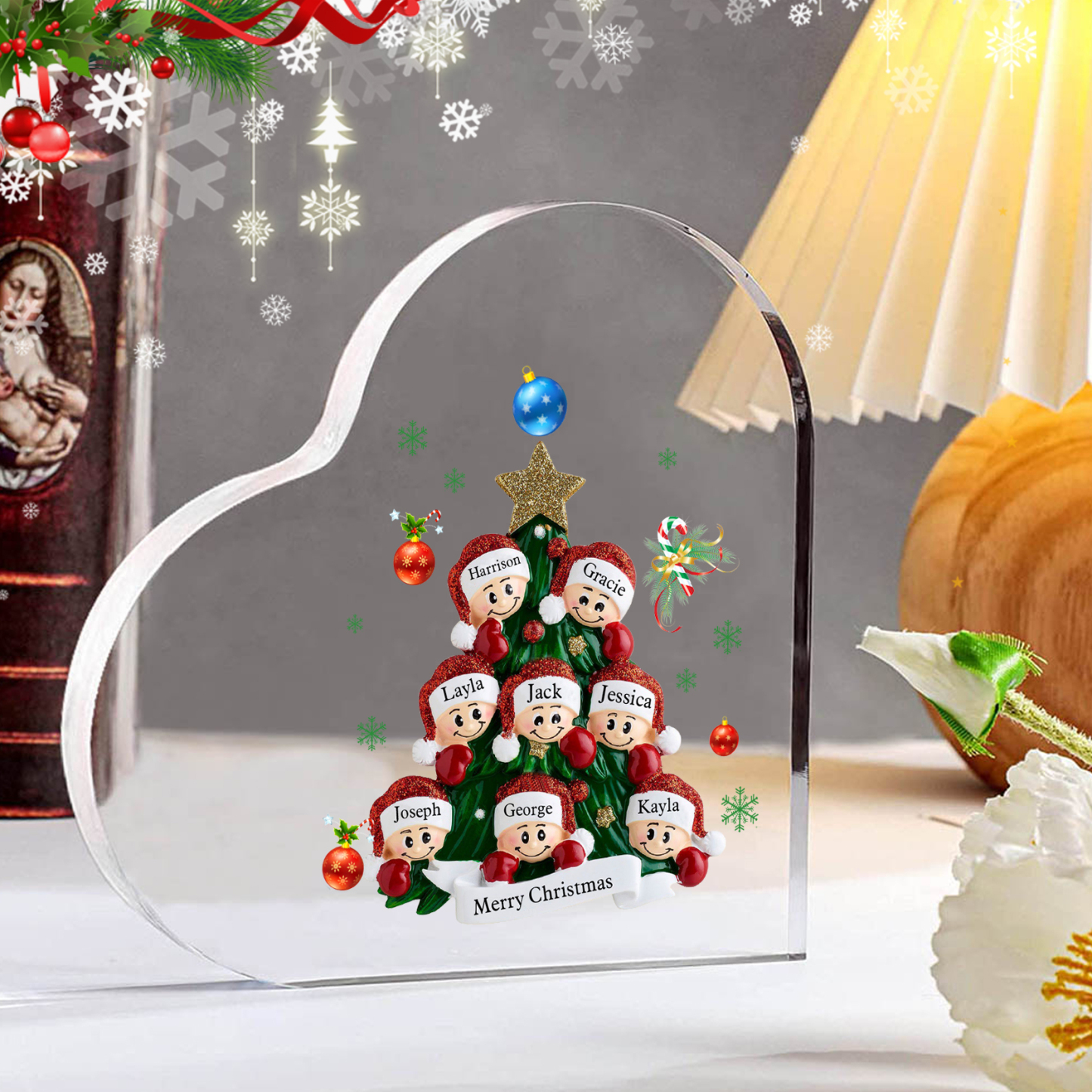 Plaque Acrylique Noël en Forme de Cœur sapin de Noël 8 Prénoms Personn