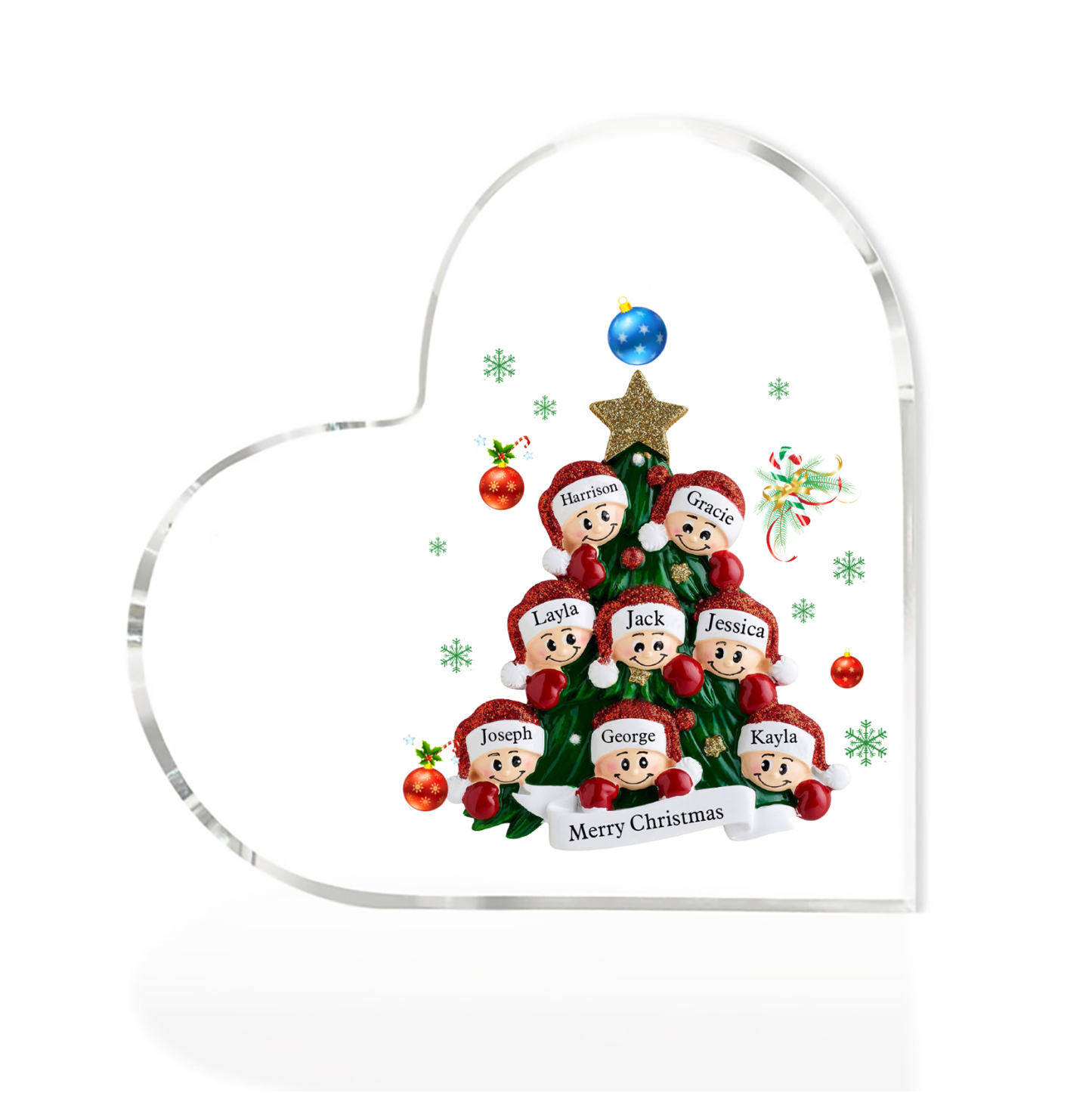 Plaque Acrylique Noël en Forme de Cœur sapin de Noël 8 Prénoms Personnalisés Cadeau pour famille | Jessemade
