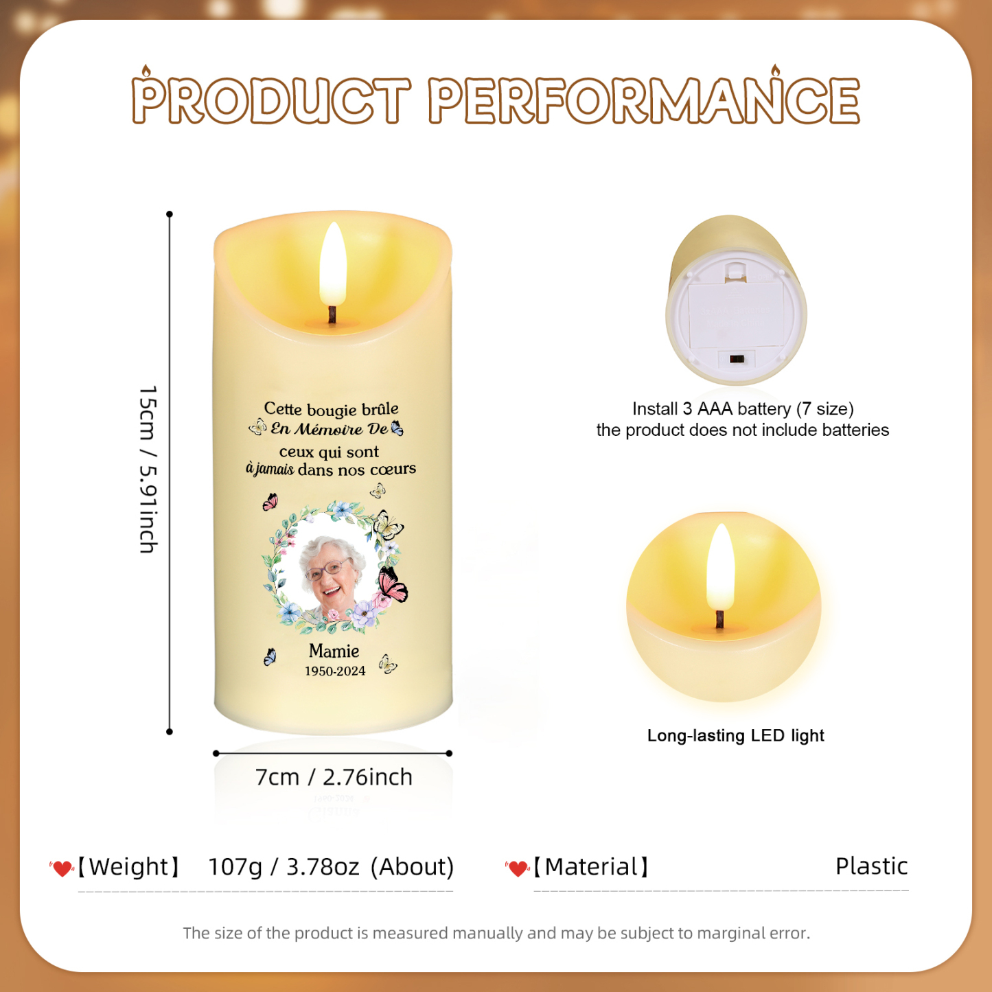 Bougie Électronique commémorative 1 prénoms Personnalisé avec Texte Cadeau pour mamie ou papi | Jessemade