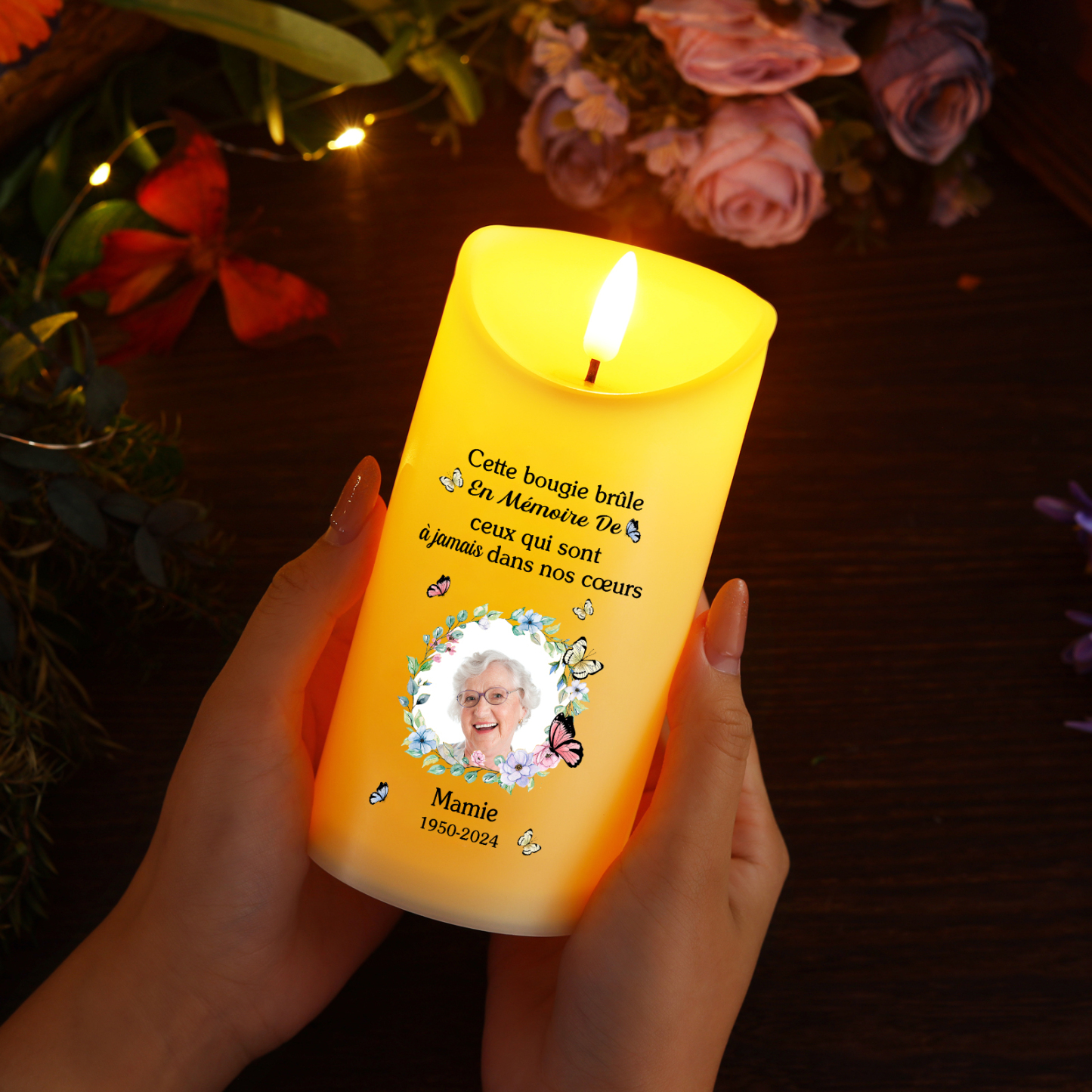 Bougie Électronique commémorative 1 prénoms Personnalisé avec Texte Cadeau pour mamie ou papi | Jessemade
