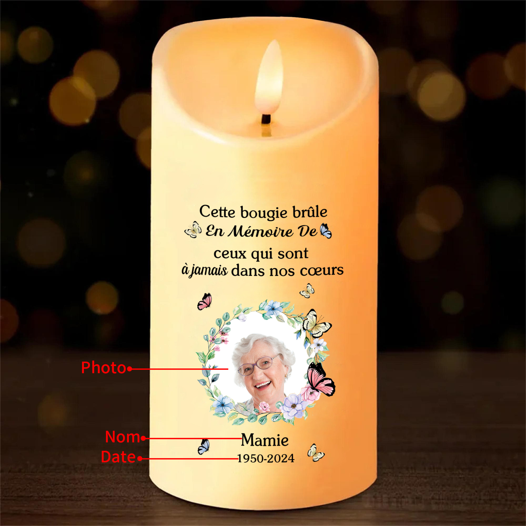 Bougie Électronique commémorative 1 prénoms Personnalisé avec Texte Cadeau pour mamie ou papi | Jessemade