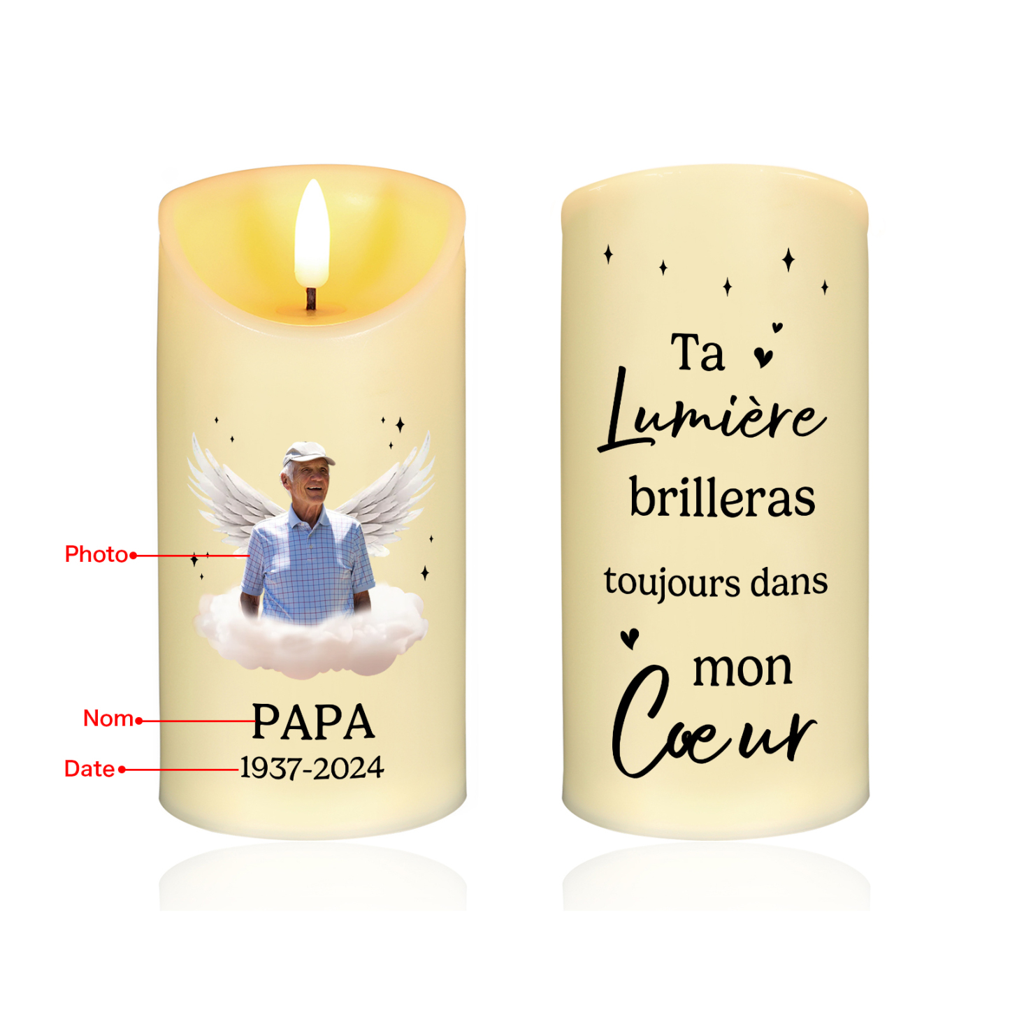Bougie Électronique commémorative 1 prénom Personnalisé avec Texte et photo Cadeau pour mamie papi | Jessemade
