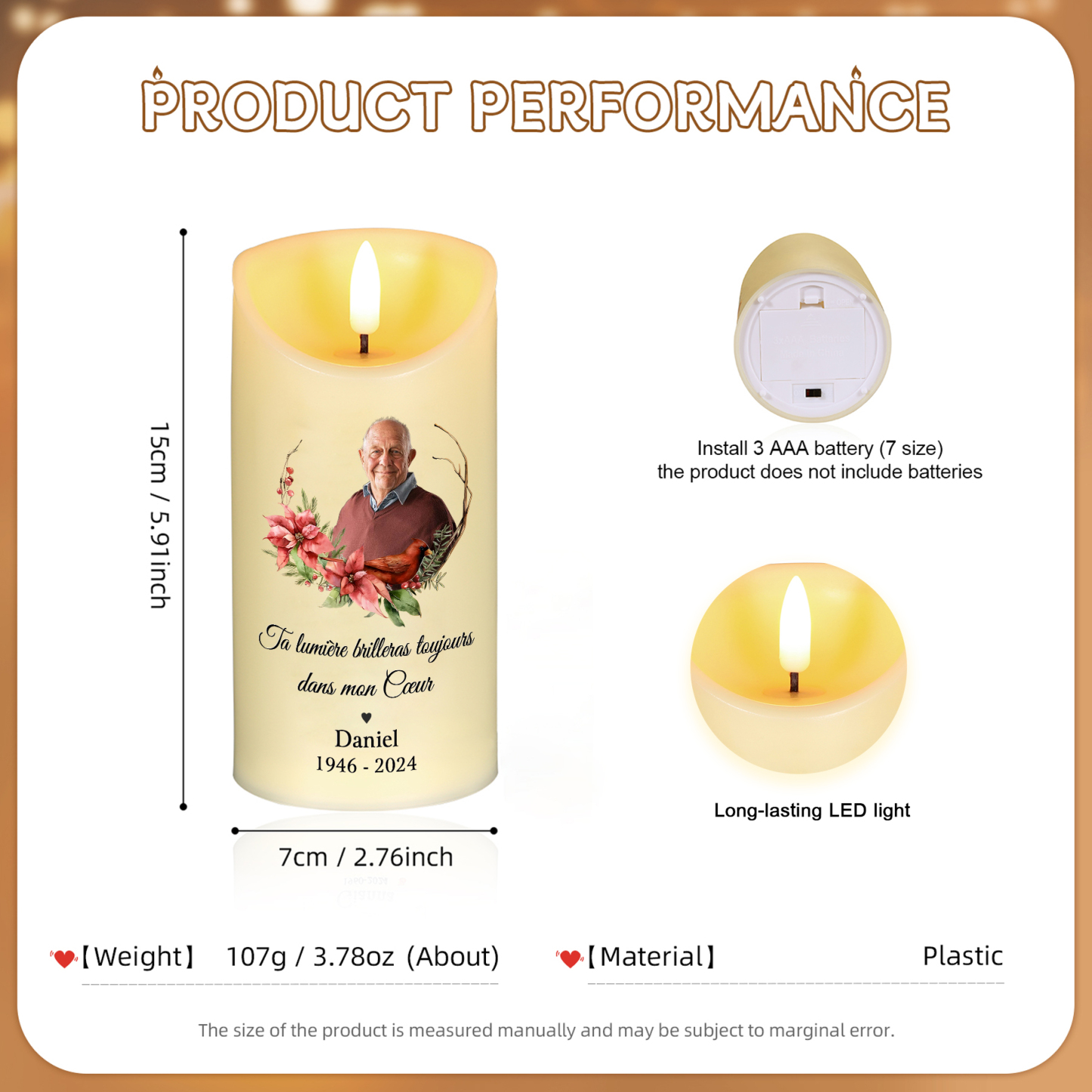 Bougie Électronique Prénom et Années Personnalisés avec Photo Bougie LED Commémorative | Jessemade