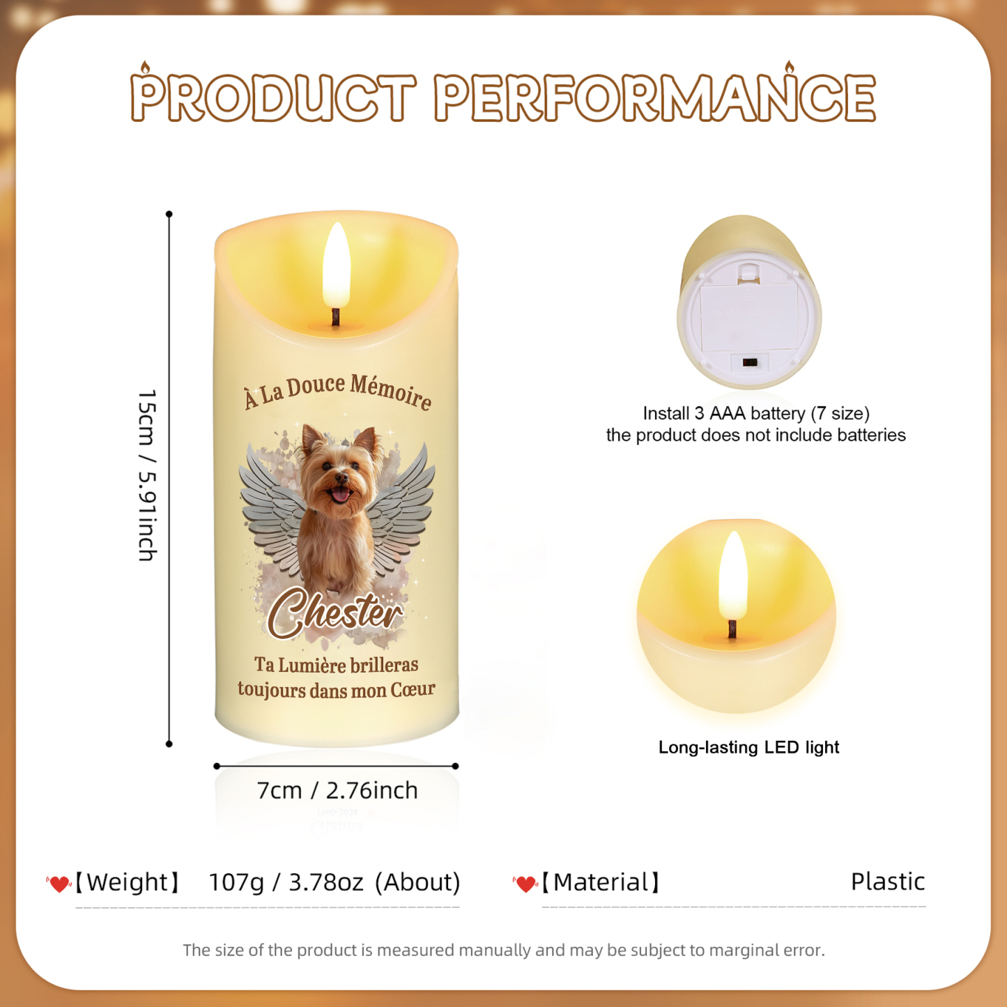 Bougie Électronique Prénom et Photo Personnalisés Bougie LED Commémorative pour les Amoureux des Animaux | Jessemade
