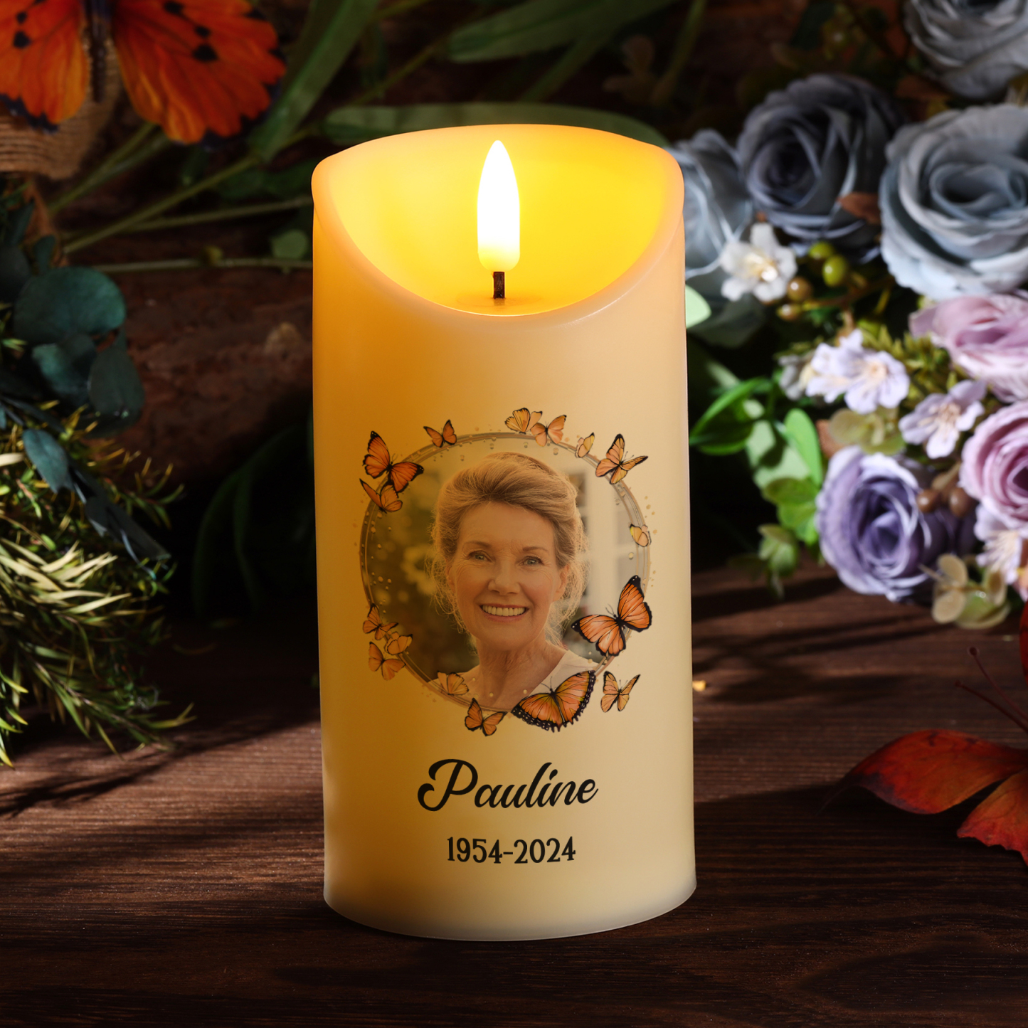 Bougie Électronique Prénom et Date Personnalisés avec Photo Bougie LED Papillon Commémorative | Jessemade