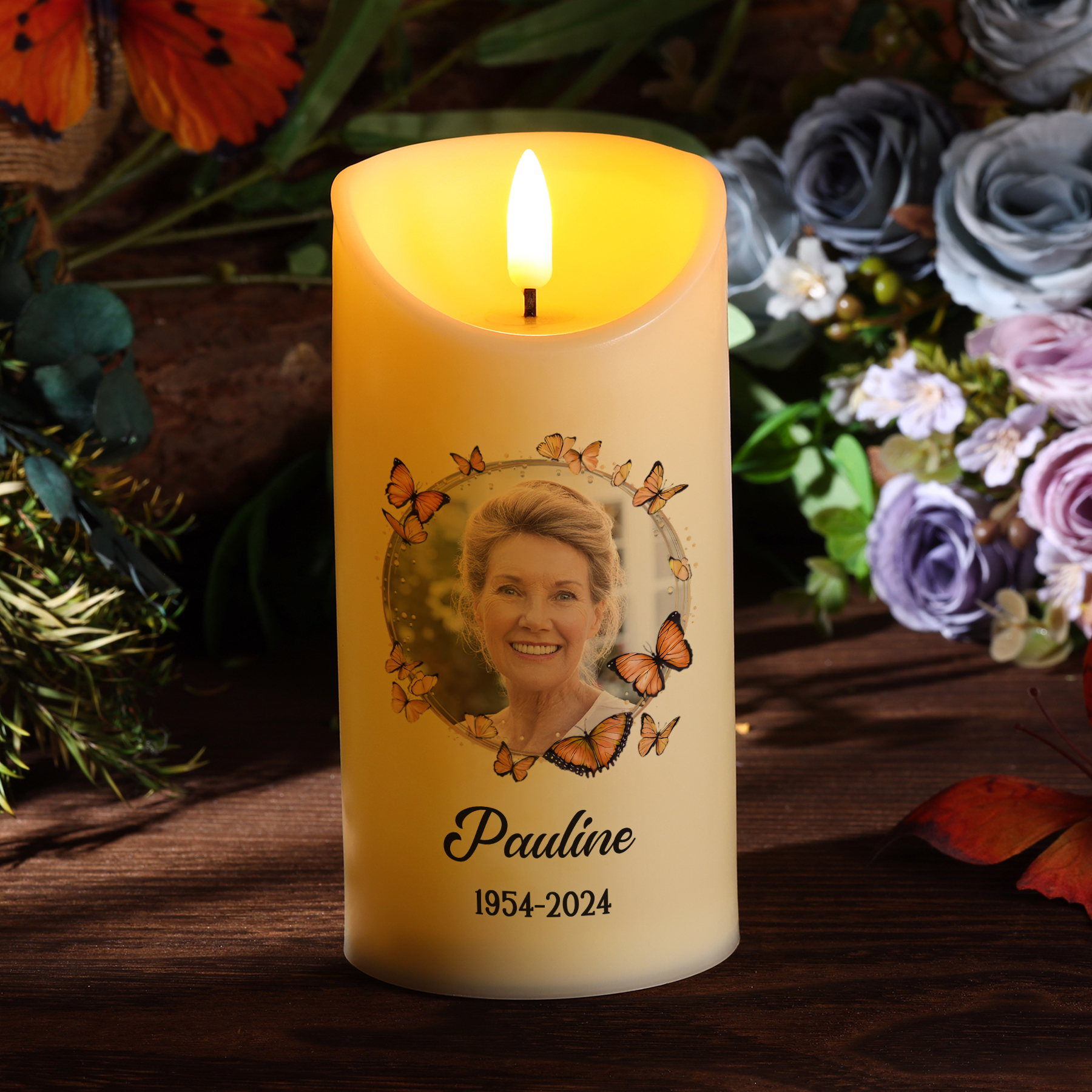Bougie Électronique Prénom et Date Personnalisés avec Photo Bougie LED Papillon Commémorative | Jessemade