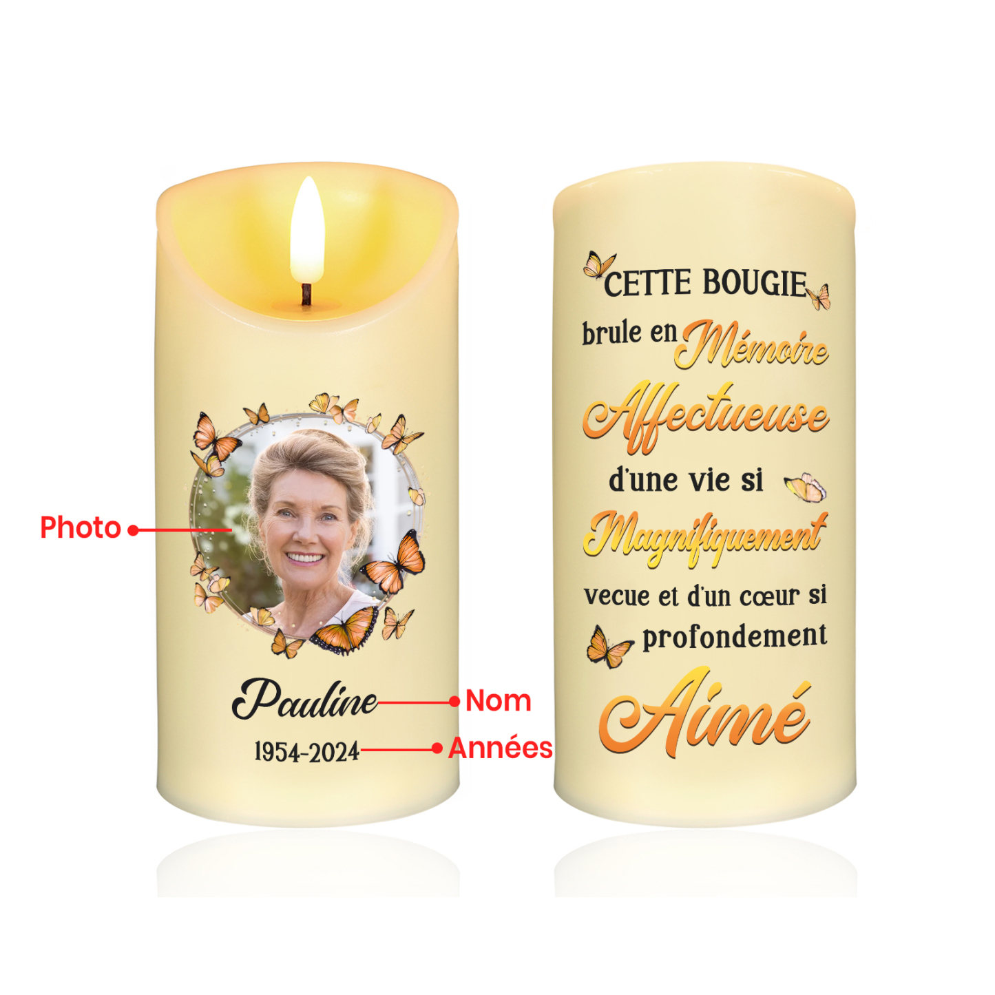 Bougie Électronique Prénom et Date Personnalisés avec Photo Bougie LED Papillon Commémorative | Jessemade