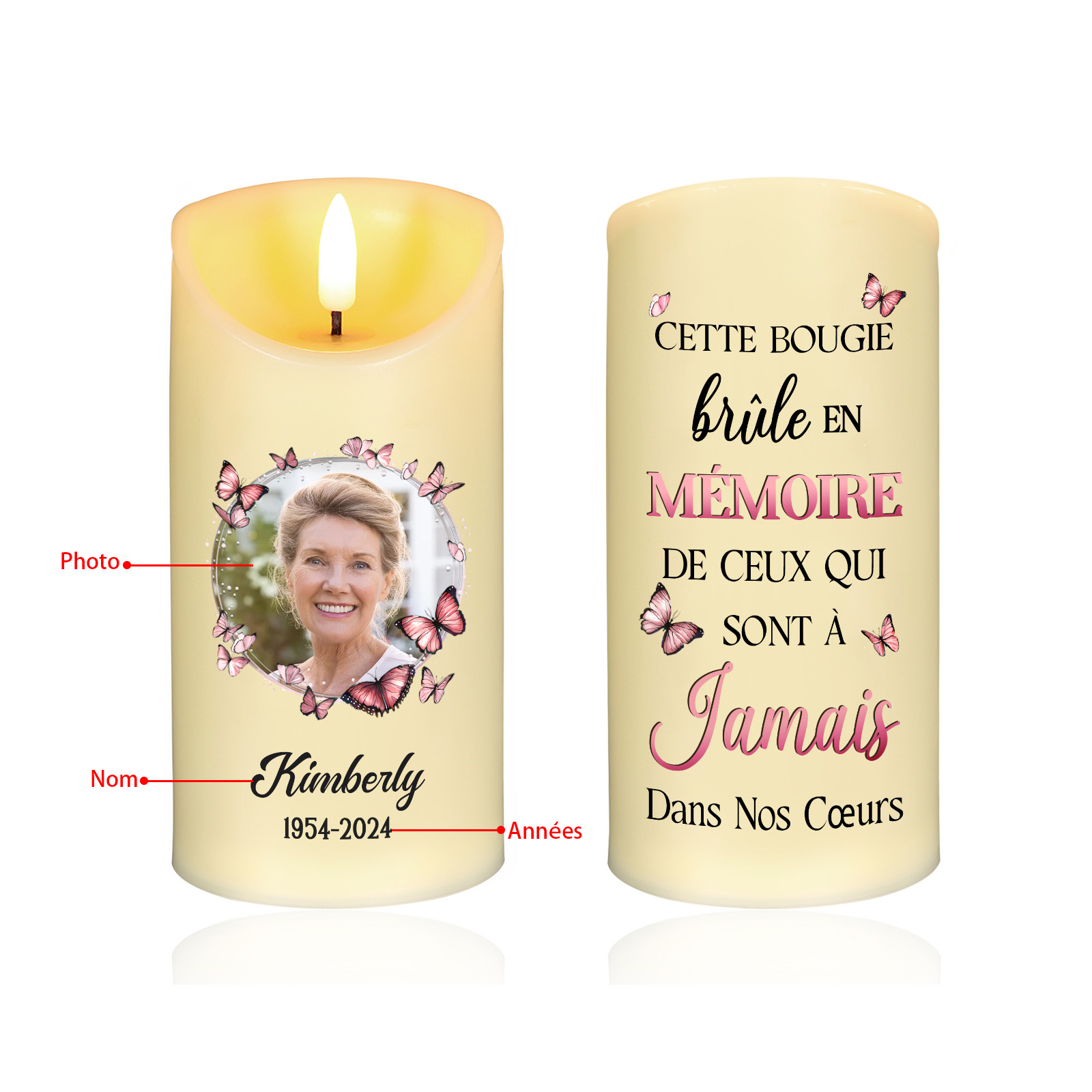 Bougie Électronique Prénom et Date Personnalisés avec Photo Bougie LED Papillons Roses Commémoratives | Jessemade