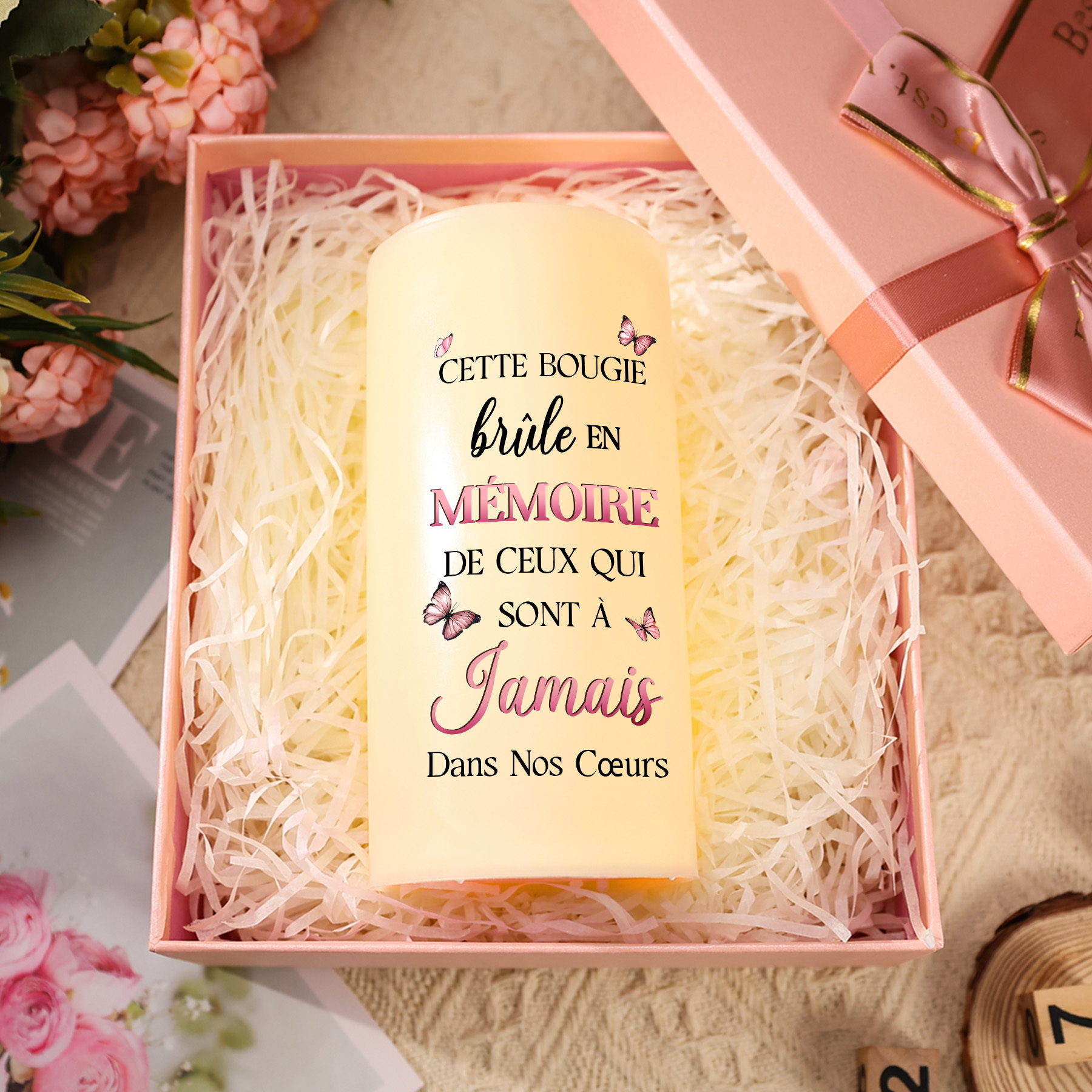 Bougie Électronique Prénom et Date Personnalisés avec Photo Bougie LED Papillons Roses Commémoratives | Jessemade