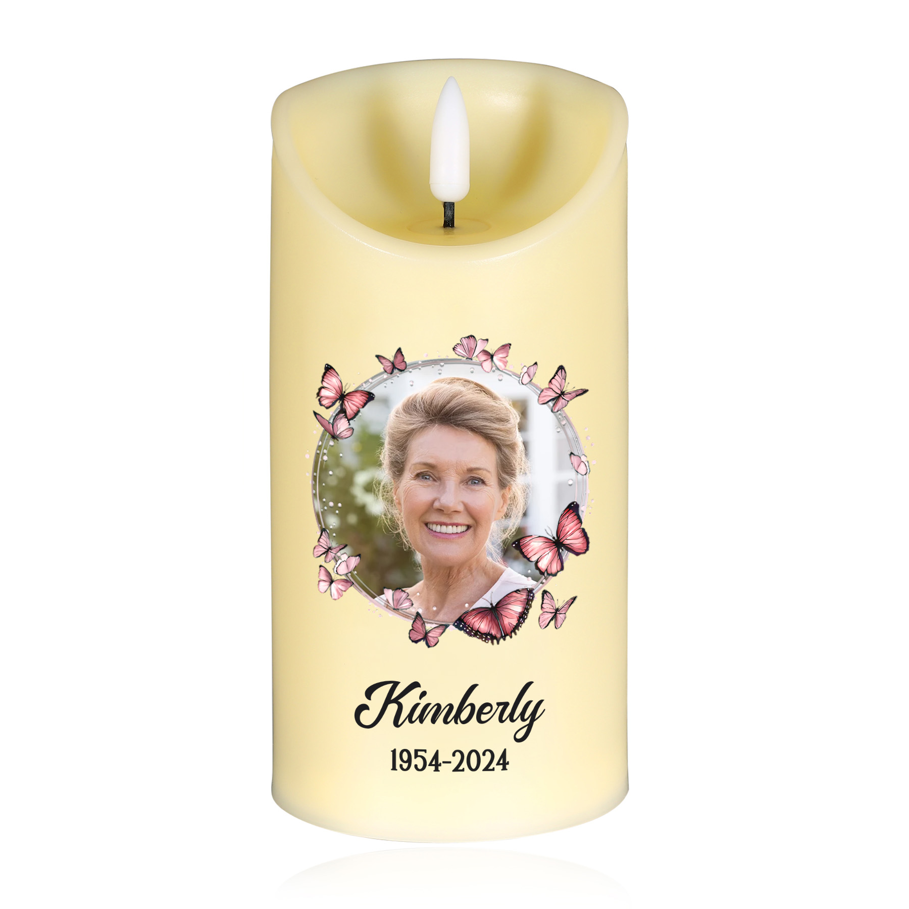 Bougie Électronique Prénom et Date Personnalisés avec Photo Bougie LED Papillons Roses Commémoratives | Jessemade