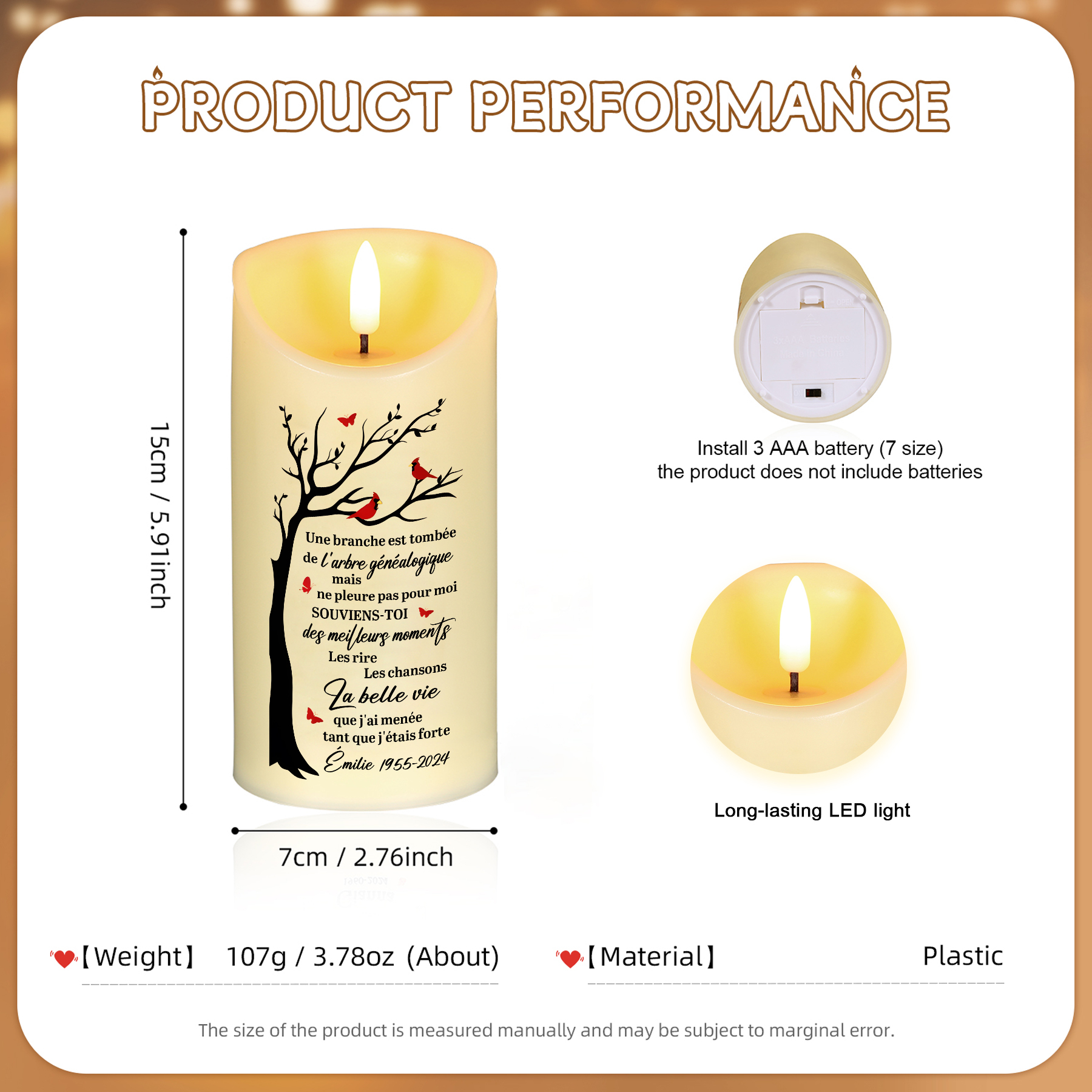 Bougie Électronique Arbre Prénom et Années Personnalisés Bougie LED Commémorative pour Famille | Jessemade
