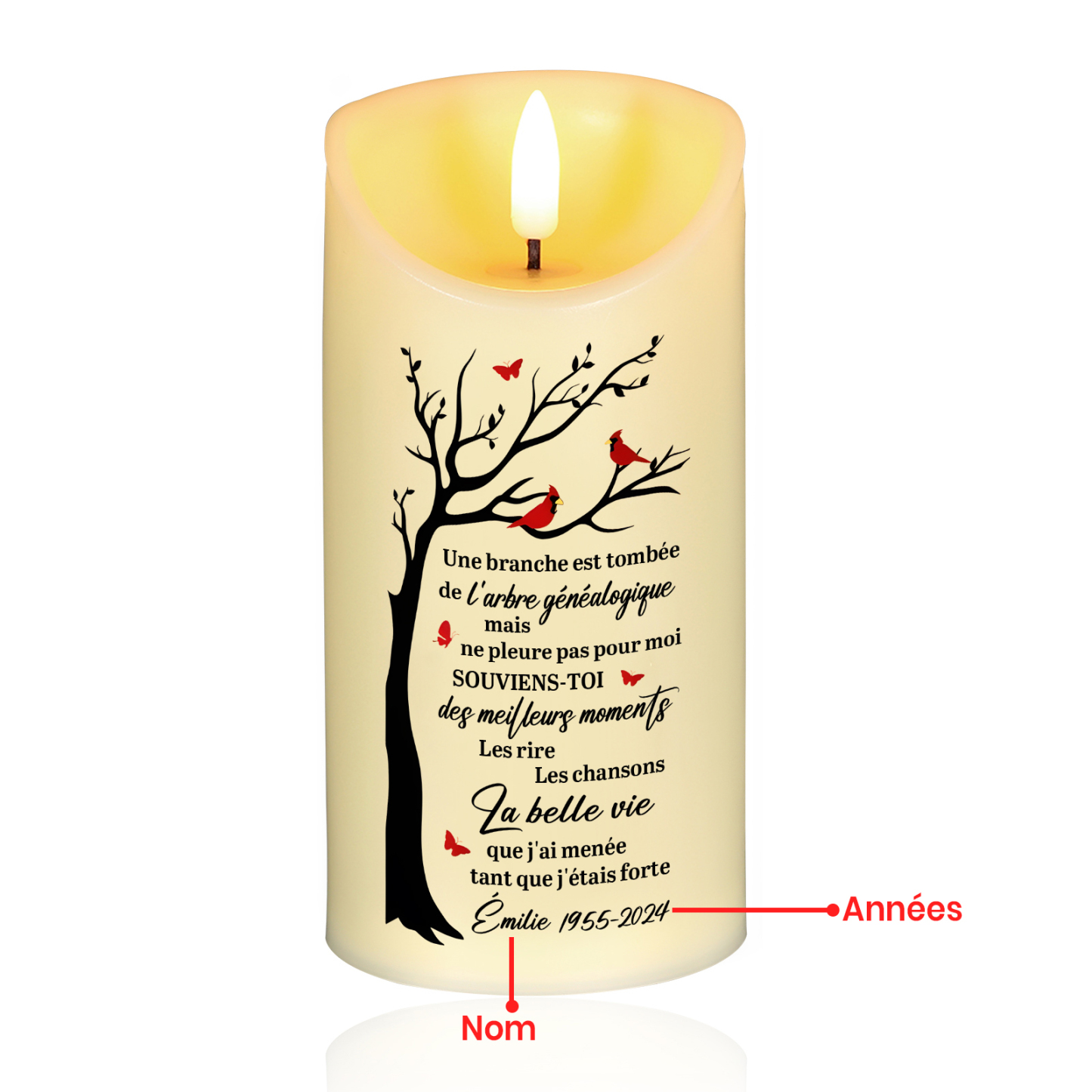 Bougie Électronique Arbre Prénom et Années Personnalisés Bougie LED Commémorative pour Famille | Jessemade