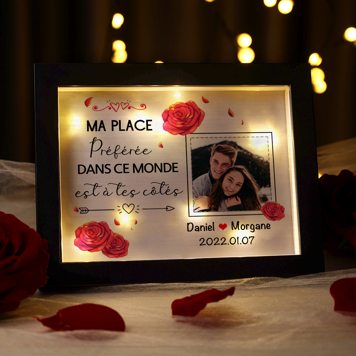 Cadre Photo Personnalisé Avec Veilleuse - Acrylique, Texte Et Photo - Cadeau Anniversaire, Couple