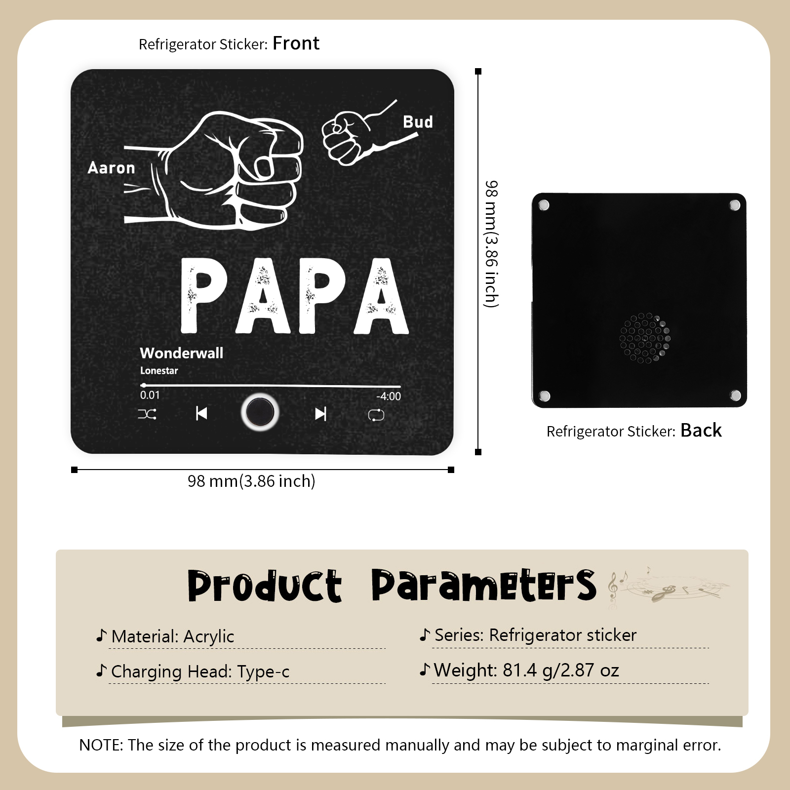 À Papa/Papie - Aimant De Réfrigérateur 2 Prénoms Personnalisés avec Texte Aimant Frigo Musical pour Homme | Jessemade