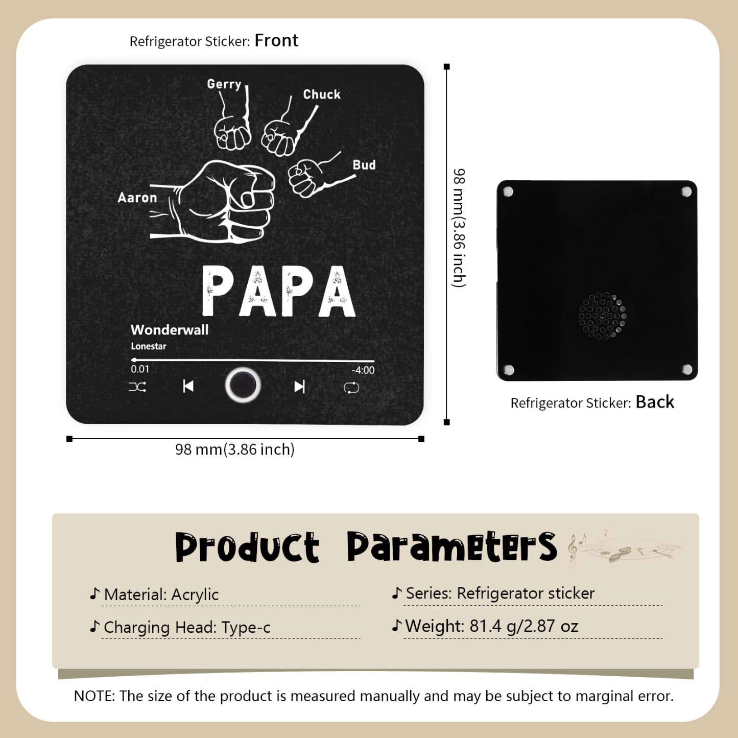 À Papa/Papie - Aimant De Réfrigérateur 4 Prénoms Personnalisés avec Texte Aimant Frigo Musical pour Homme | Jessemade