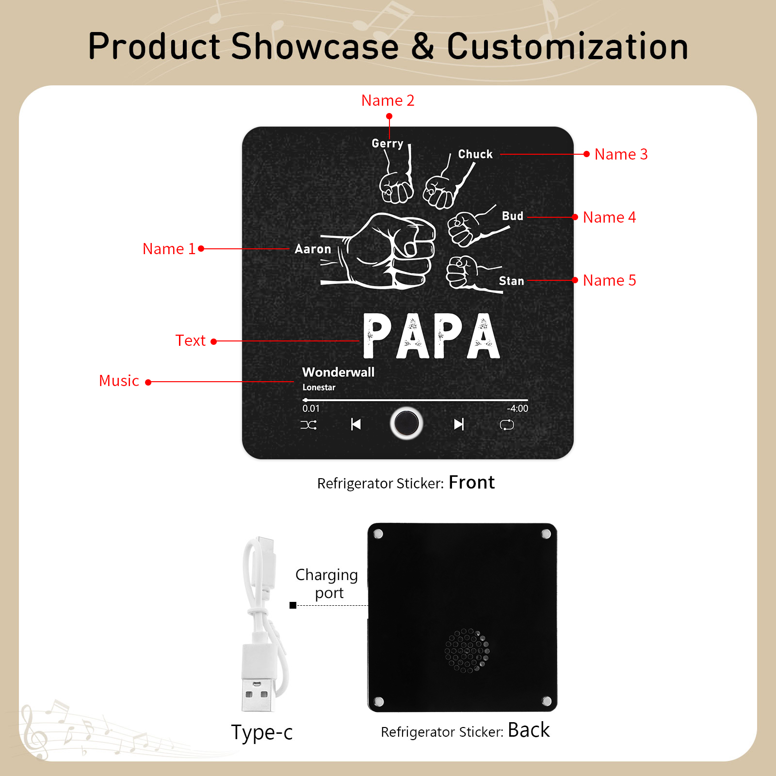 À Papa/Papie - Aimant De Réfrigérateur 5 Prénoms Personnalisés avec Texte Aimant Frigo Musical pour Homme | Jessemade