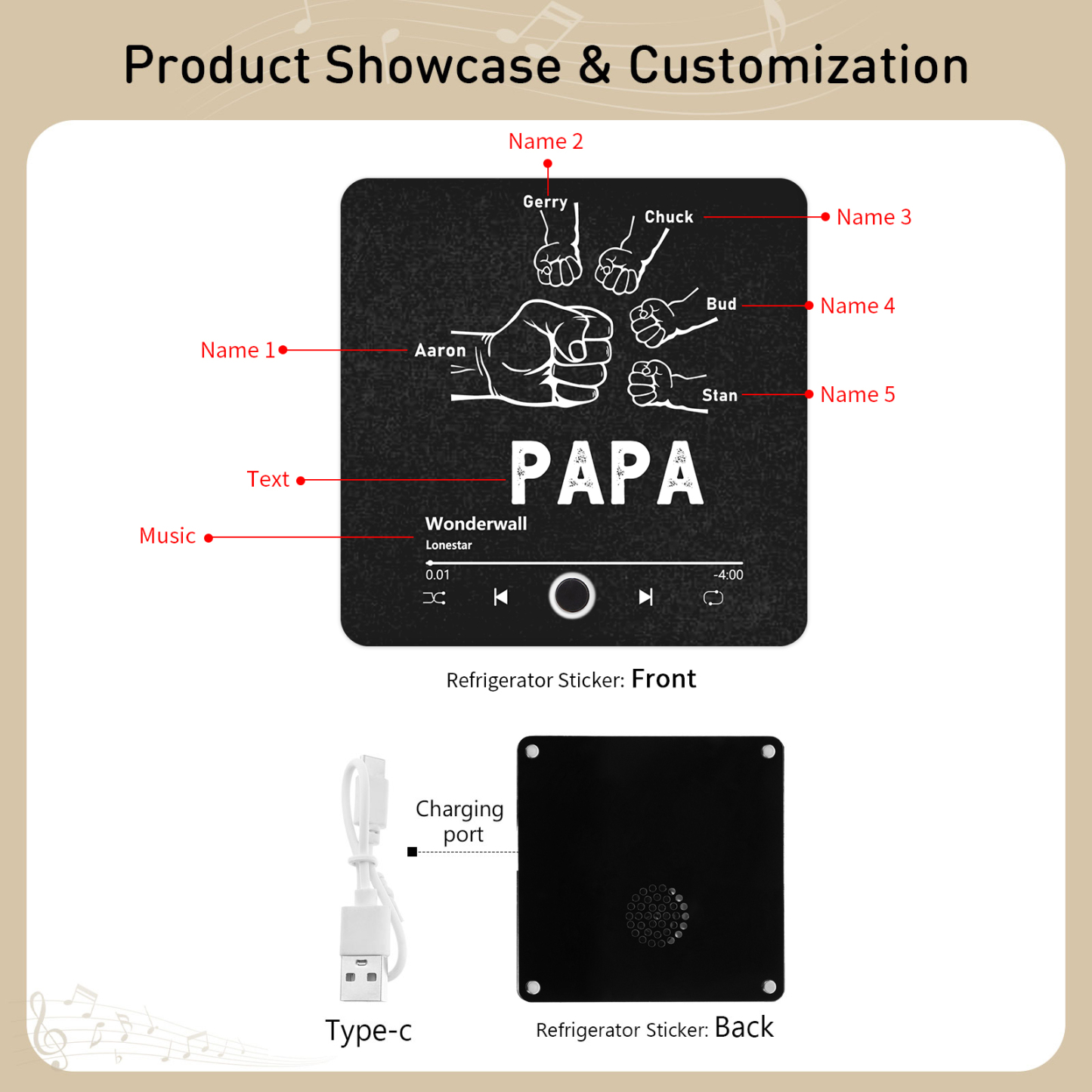 À Papa/Papie - Aimant De Réfrigérateur 5 Prénoms Personnalisés avec Texte Aimant Frigo Musical pour Homme | Jessemade