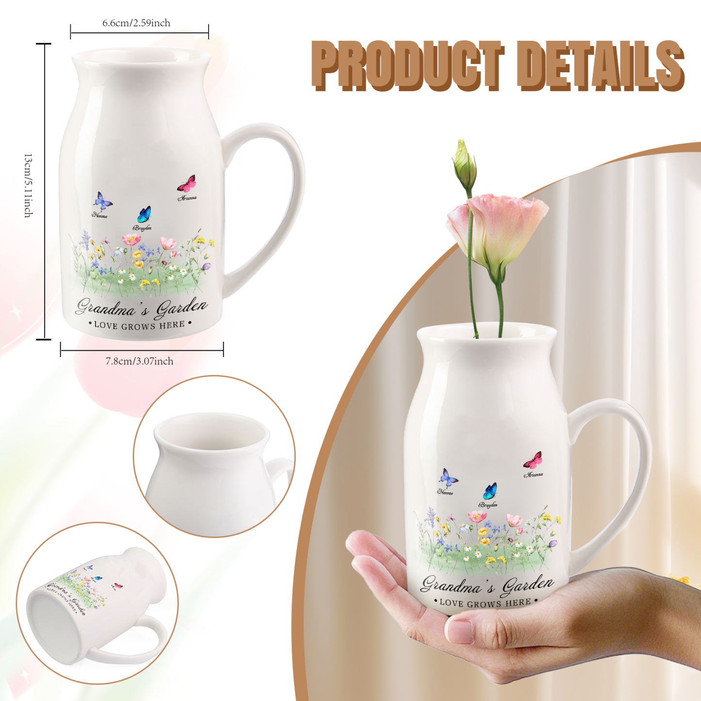 À Grand-mère - Vase en Céramique Personnalisés avec 2-9 Prénoms et 2 Texte Vase Motif Papillons Colorés (sans fleurs) | Jessemade