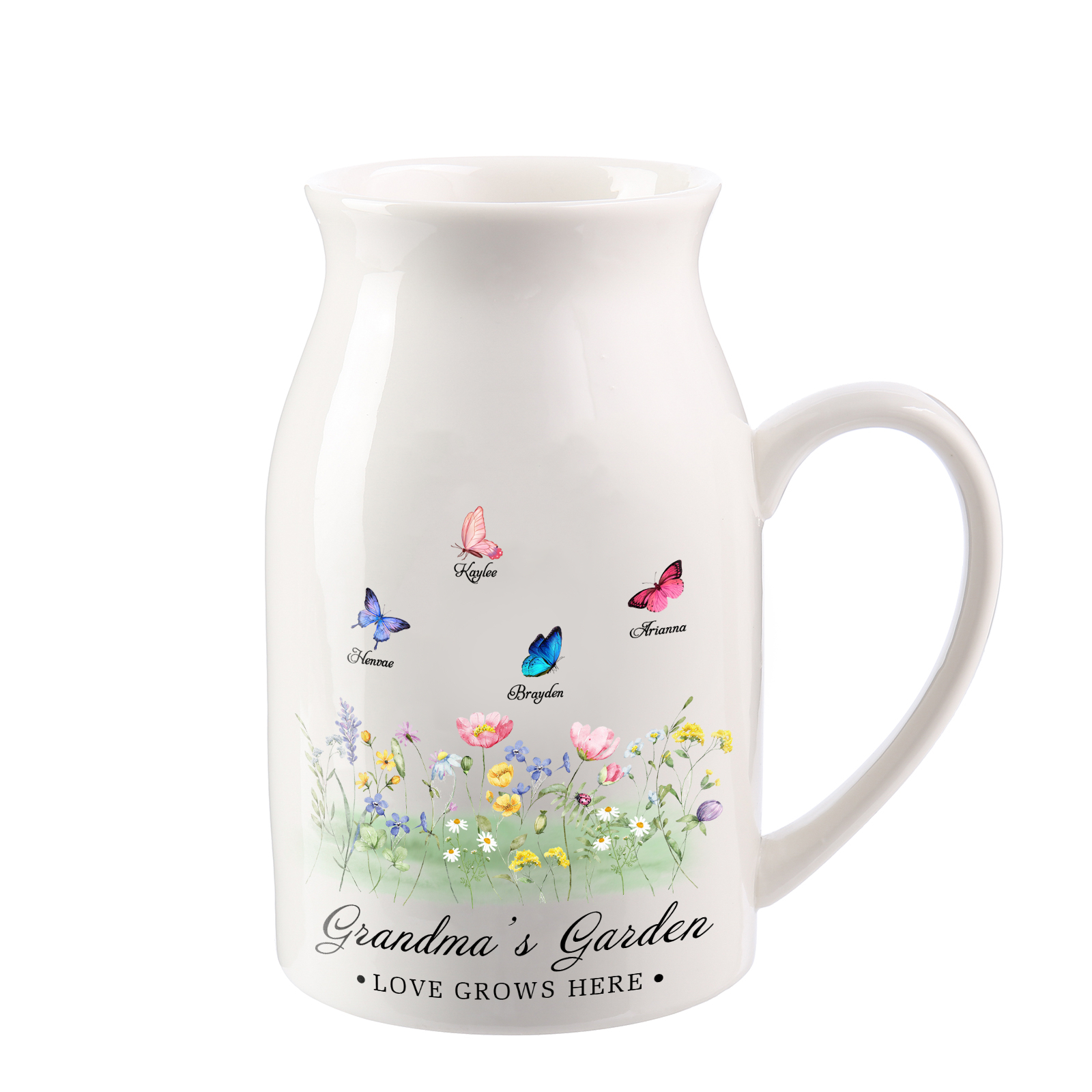 À Grand-mère - Vase en Céramique Personnalisés avec 2-9 Prénoms et 2 Texte Vase Motif Papillons Colorés (sans fleurs) | Jessemade