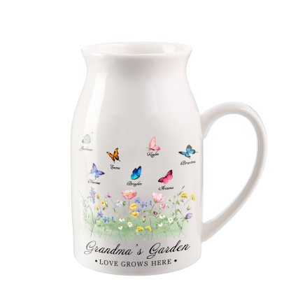 À Grand-mère - Vase en Céramique Personnalisés avec 2-9 Prénoms et 2 Texte Vase Motif Papillons Colorés (sans fleurs) | Jessemade