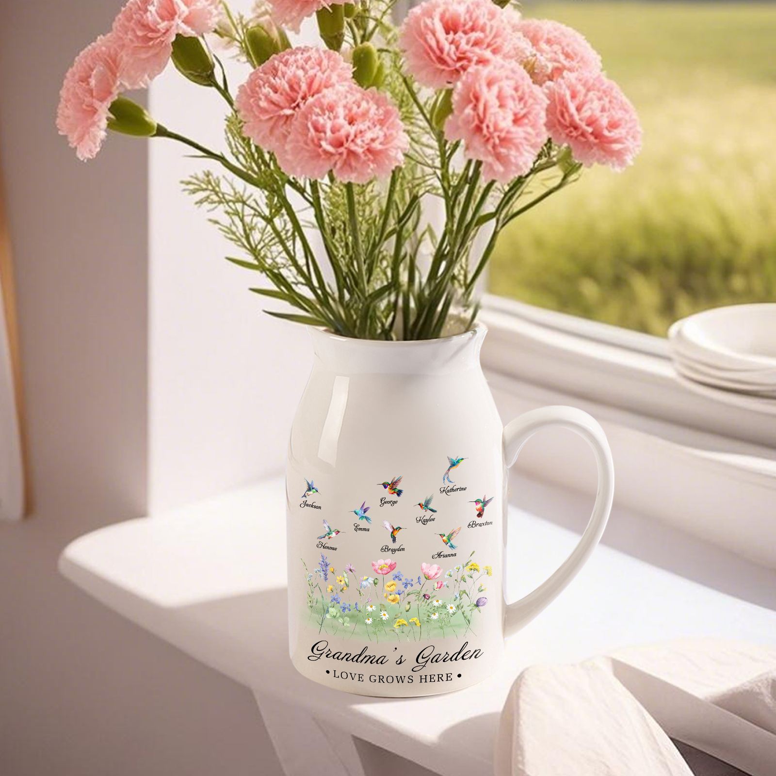 À Grand-mère - Vase en Céramique Personnalisés avec 2-9 Prénoms et 2 Texte Vase Motif Papillons Colorés (sans fleurs) | Jessemade