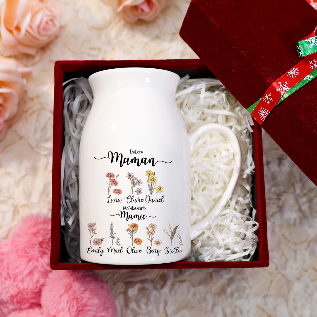 Vase Personnalisé avec 2-10 Prénoms et Fleurs de Naissance Vase en Céramique Déco pour Maman/Mamie | Jessemade