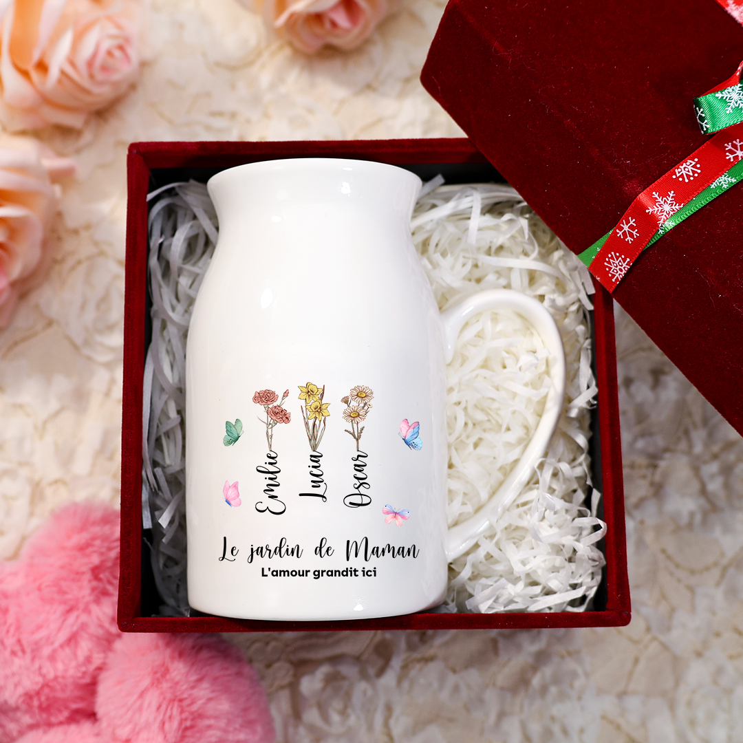 Vase personnalisé avec prénoms et fleurs de naissance – Cadeau pour maman | Jessemade