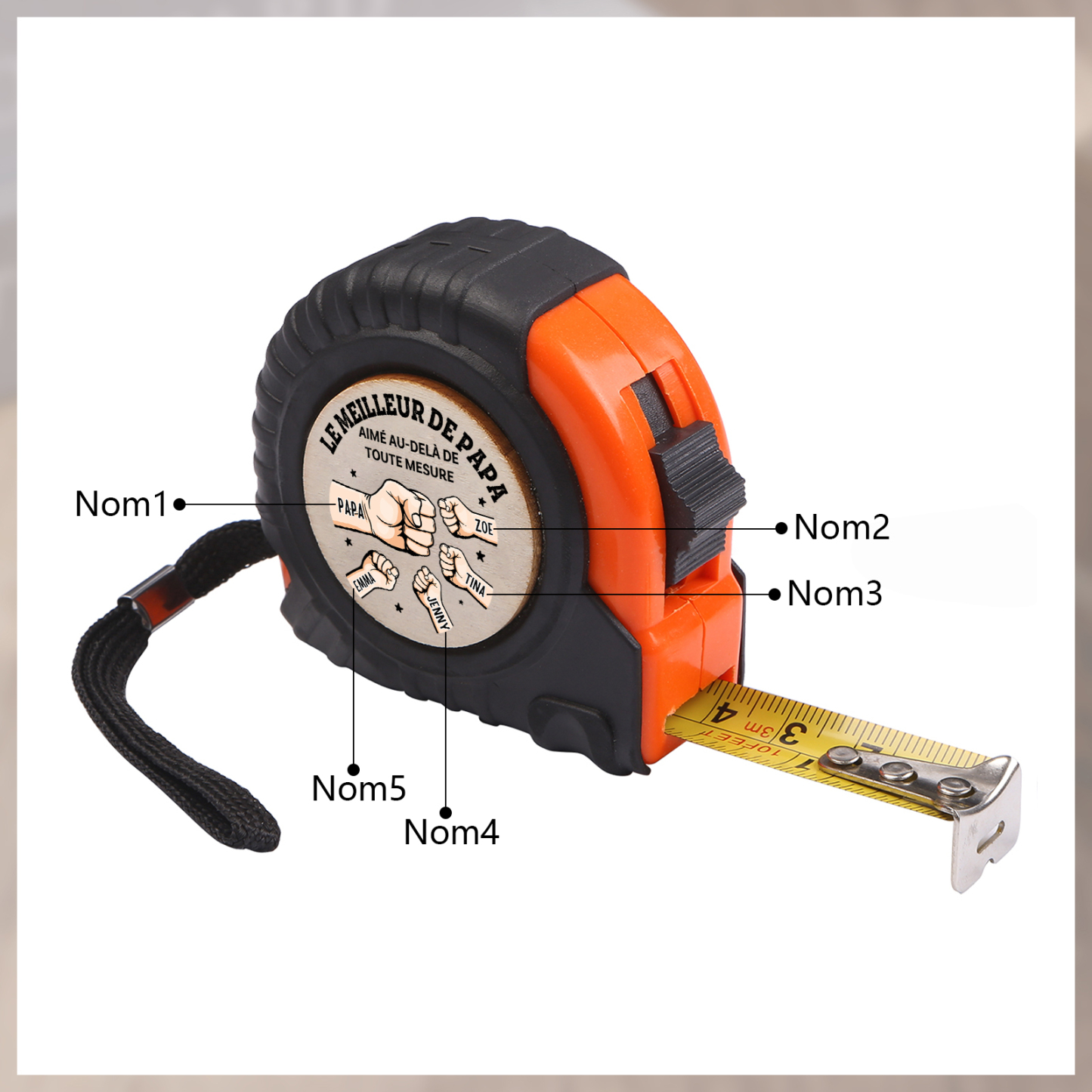 Mètre Ruban Personnalisé Poing – 2 à 6 Prénoms Gravés, Cadeau pour Papa | Jessemade