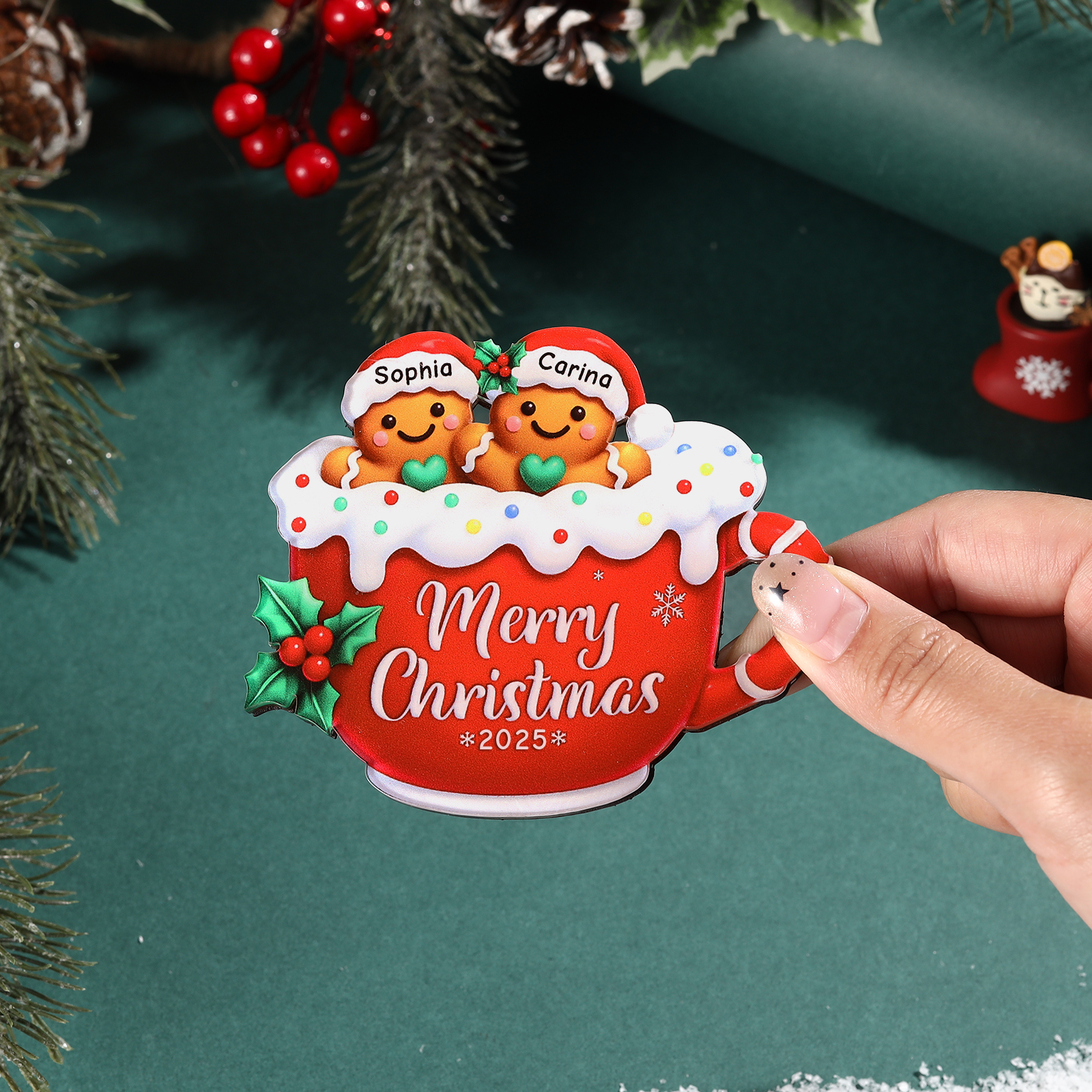 Aimant Frigo Noël Personnalisé avec Famille de Bonhommes en Pain d’épices