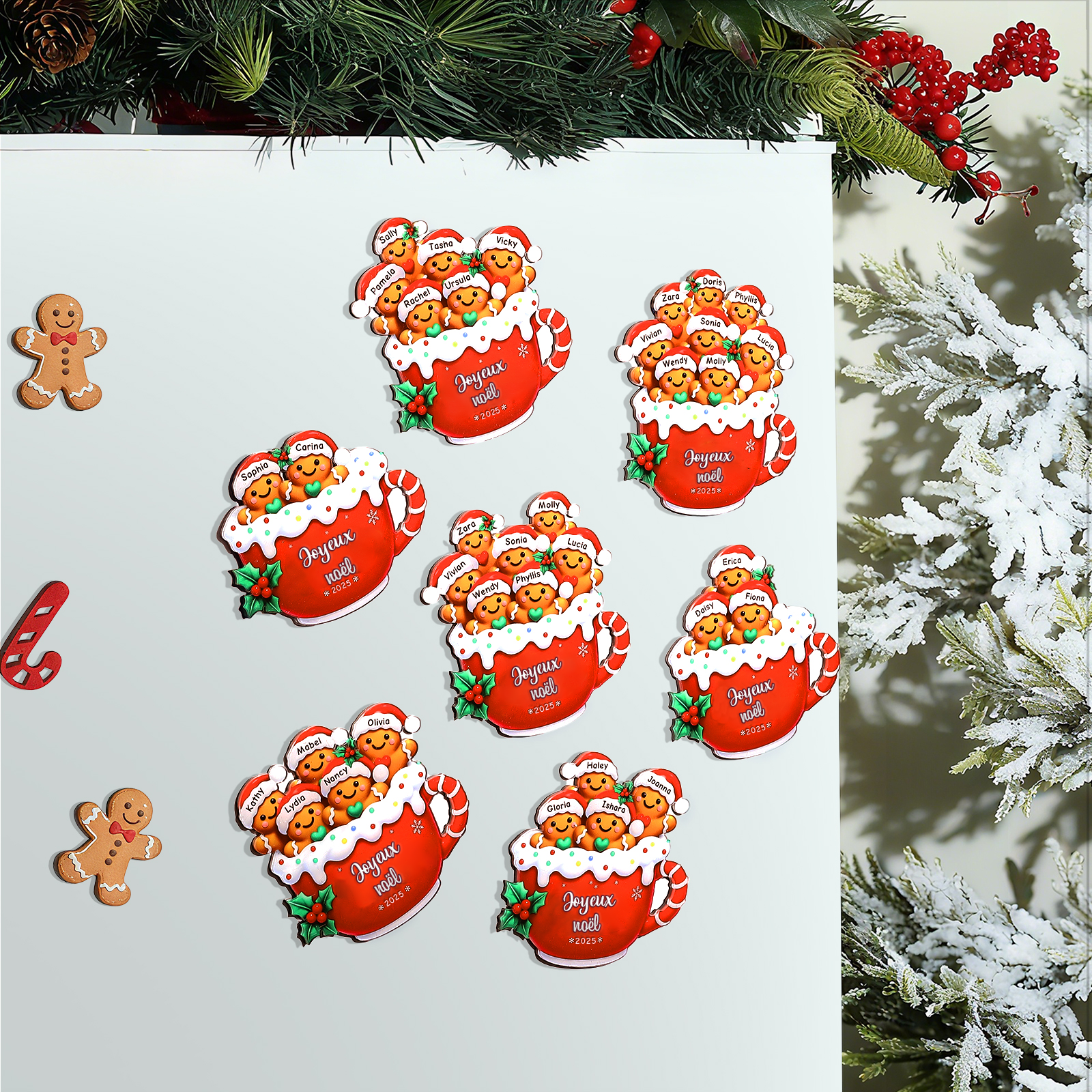 Aimant Frigo Noël Personnalisé avec Famille de Bonhommes en Pain d’épices