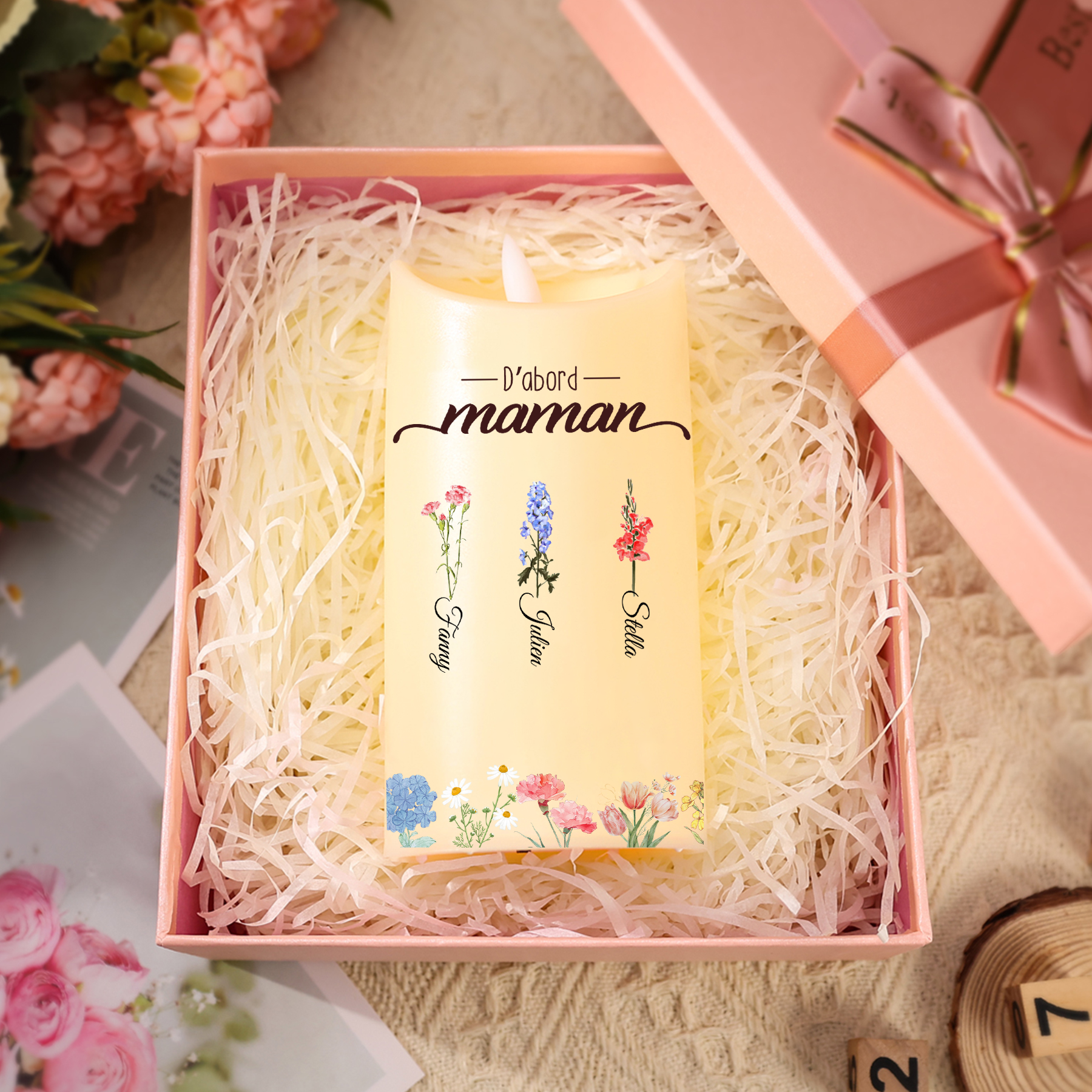À ma Maman/Mamie-Bougie LED 2-10 Prénoms Personnalisés avec Fleur de Naissance Bougie Électronique | Jessemade