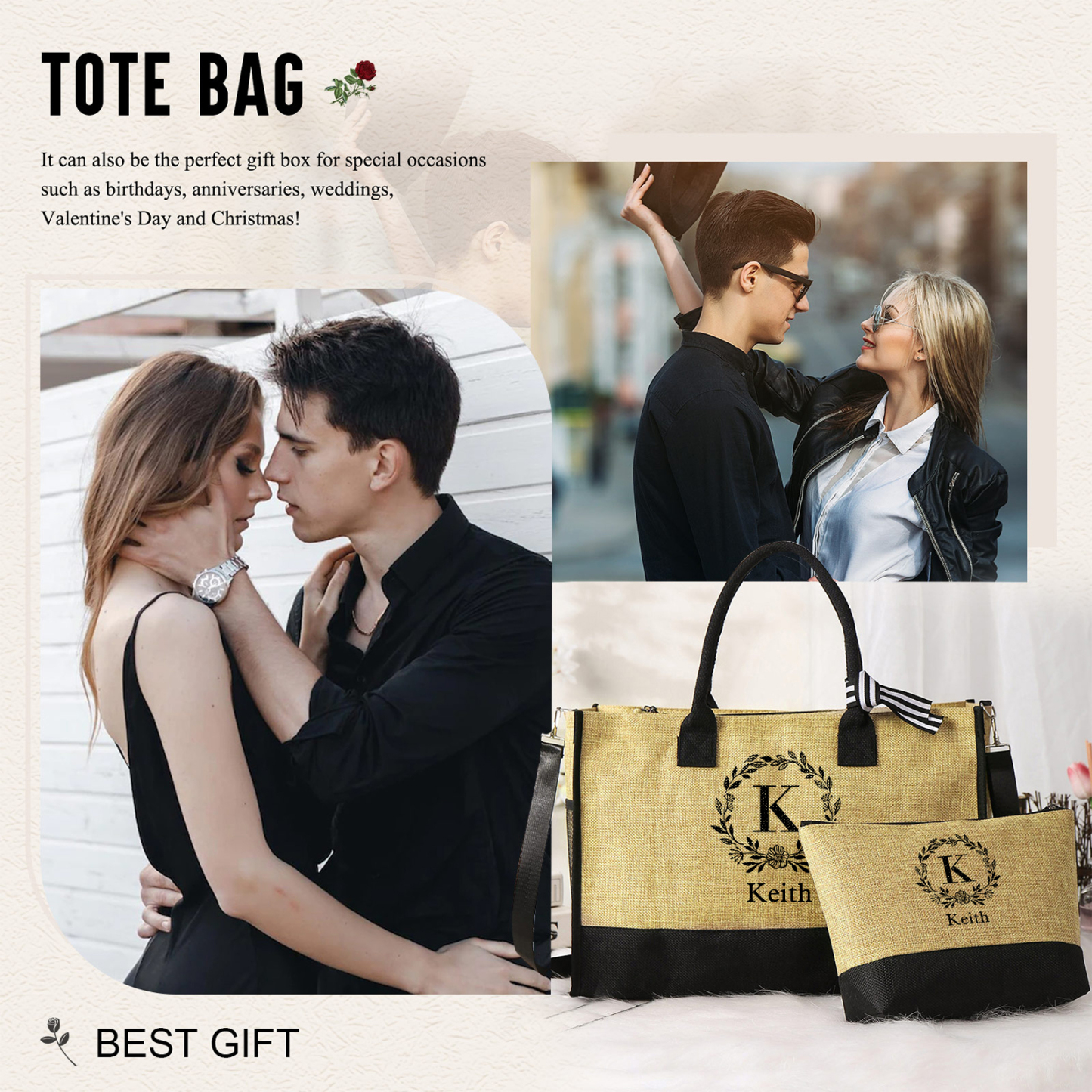 Sac Fourre-Tout en Jute Couronne de fleurs Lettre et Prénom Personnalisé Cadeau pour femme | Jessemade