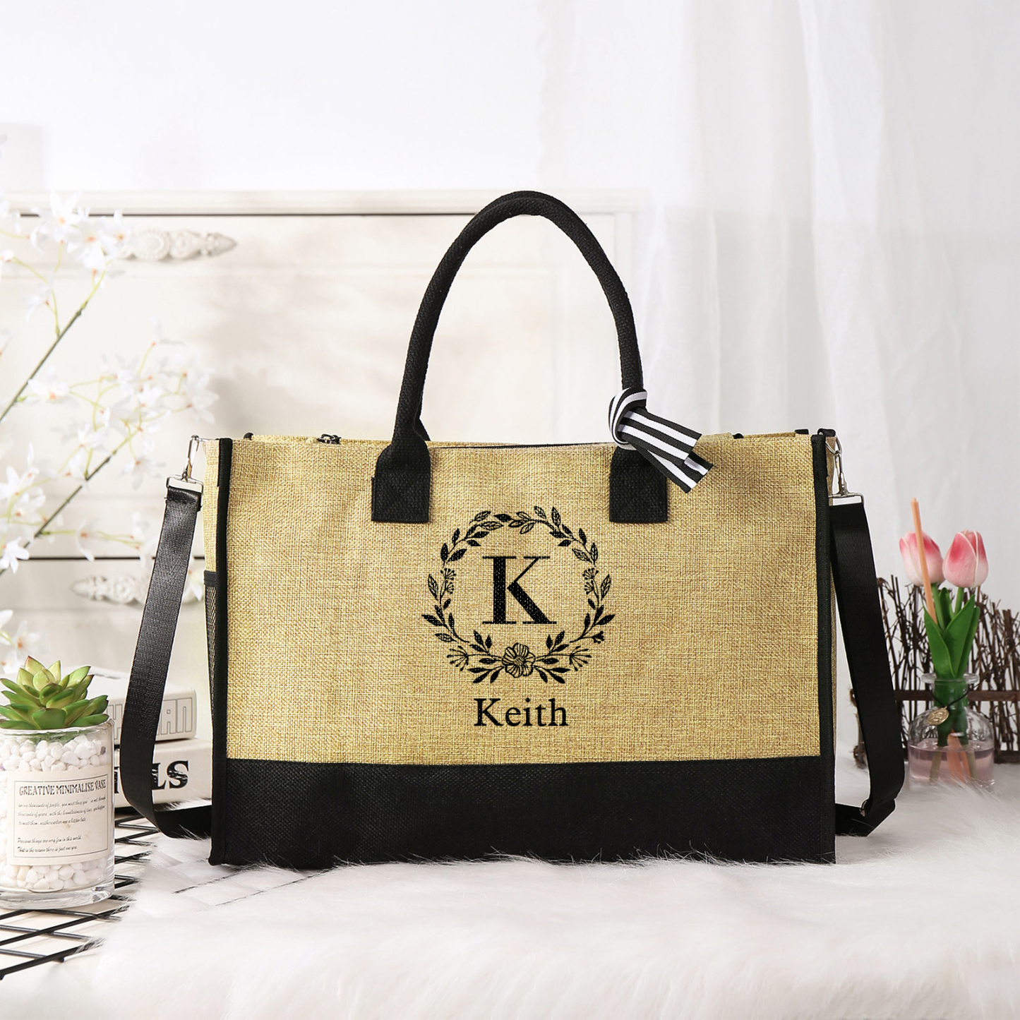 Sac Fourre-Tout en Jute Couronne de fleurs Lettre et Prénom Personnalisé Cadeau pour femme | Jessemade