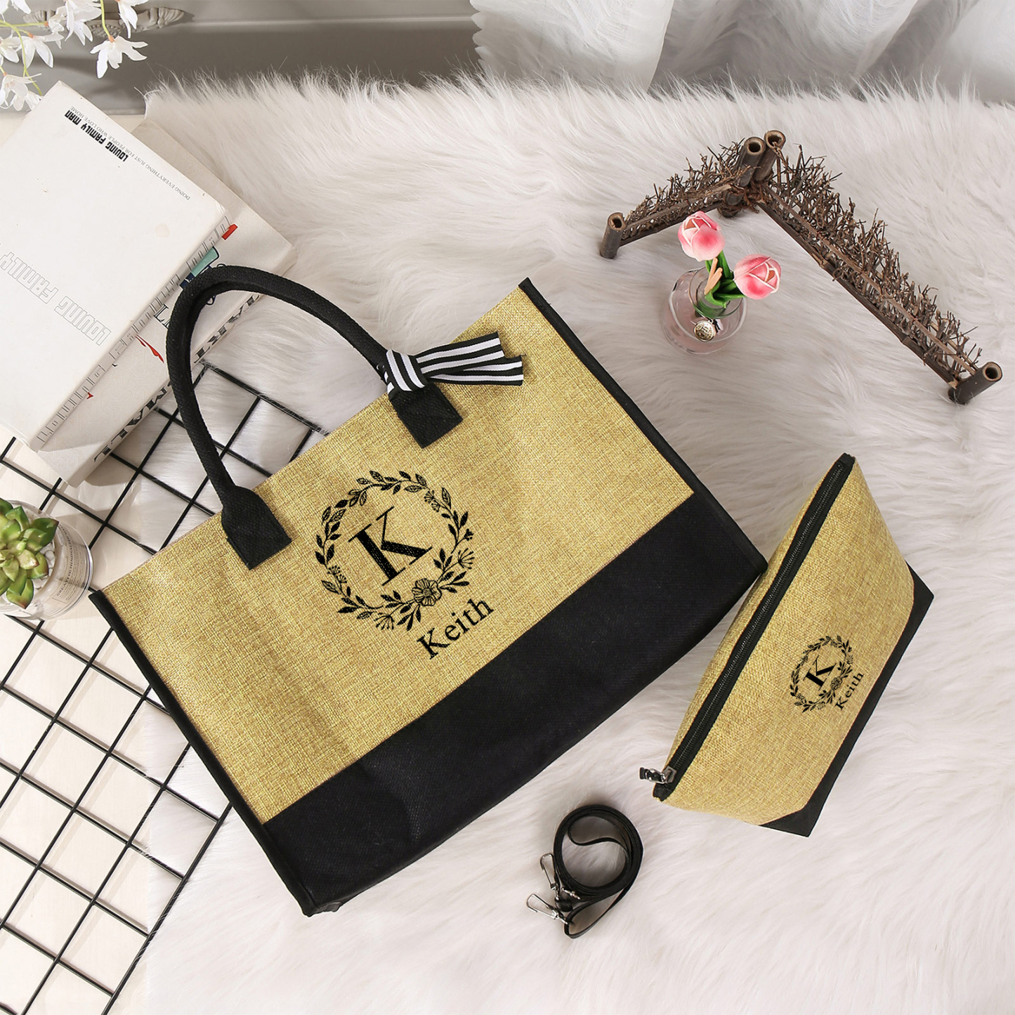 Sac Fourre-Tout en Jute Couronne de fleurs Lettre et Prénom Personnalisé Cadeau pour femme | Jessemade