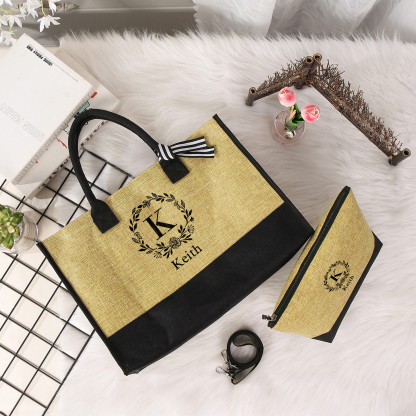 Sac Fourre-Tout en Jute Couronne de fleurs Lettre et Prénom Personnalisé Cadeau pour femme | Jessemade