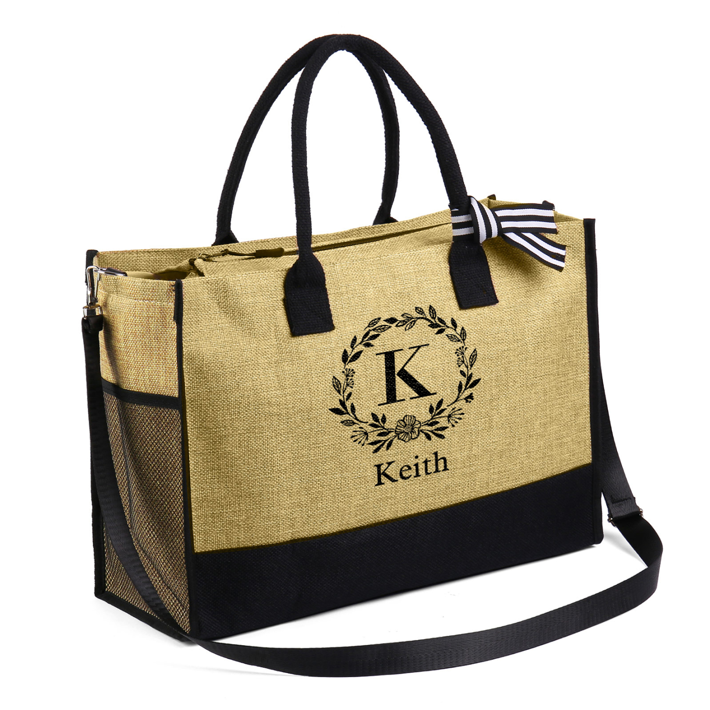 Sac Fourre-Tout en Jute Couronne de fleurs Lettre et Prénom Personnalisé Cadeau pour femme | Jessemade