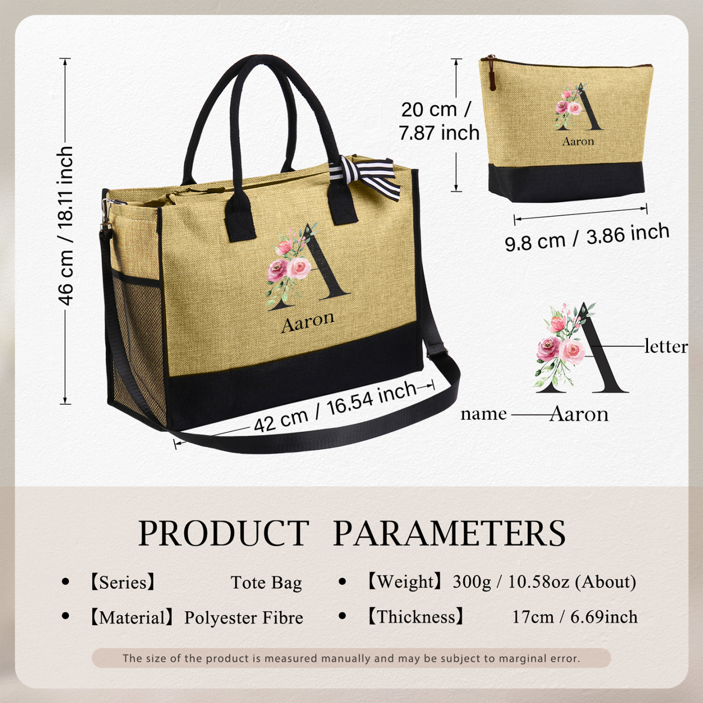 Sac Fourre-Tout en Jute 1 Prénom Personnalisé avec Lettre et rose Cadeau pour femme | Jessemade