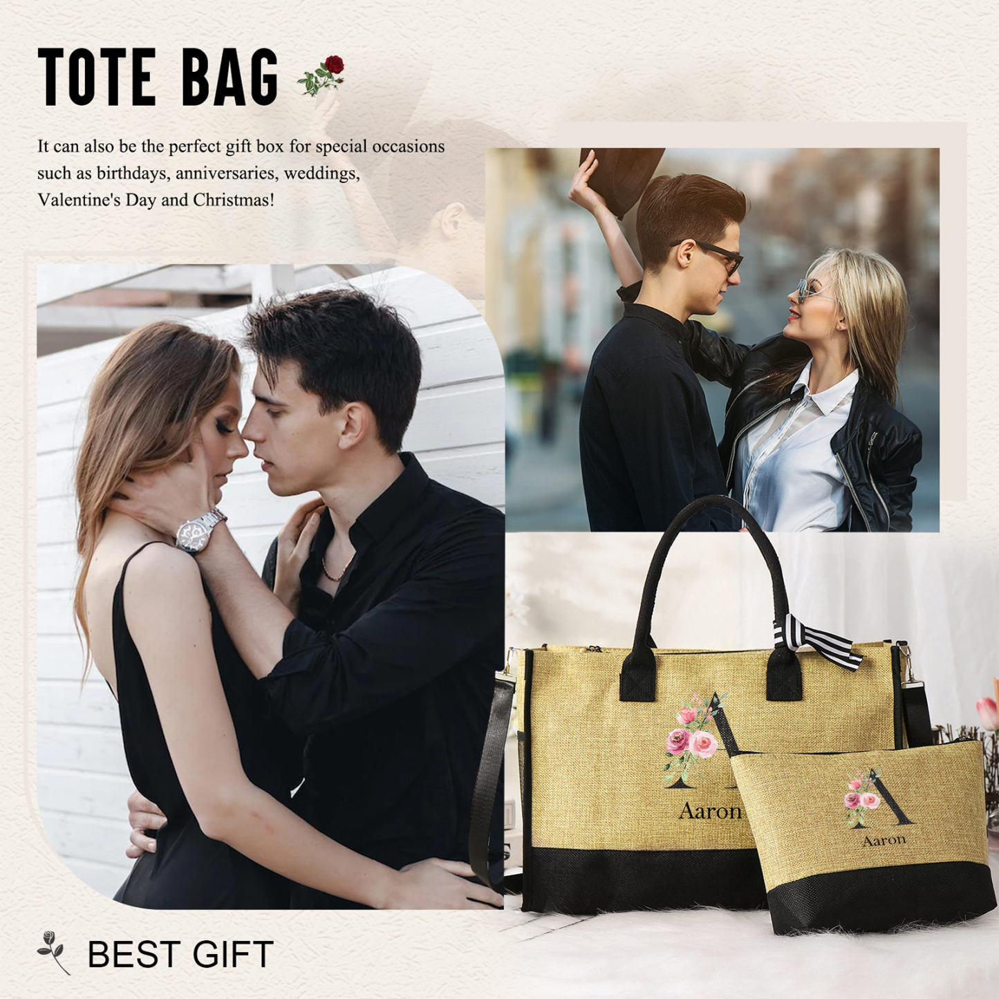 Sac Fourre-Tout en Jute 1 Prénom Personnalisé avec Lettre et rose Cadeau pour femme | Jessemade