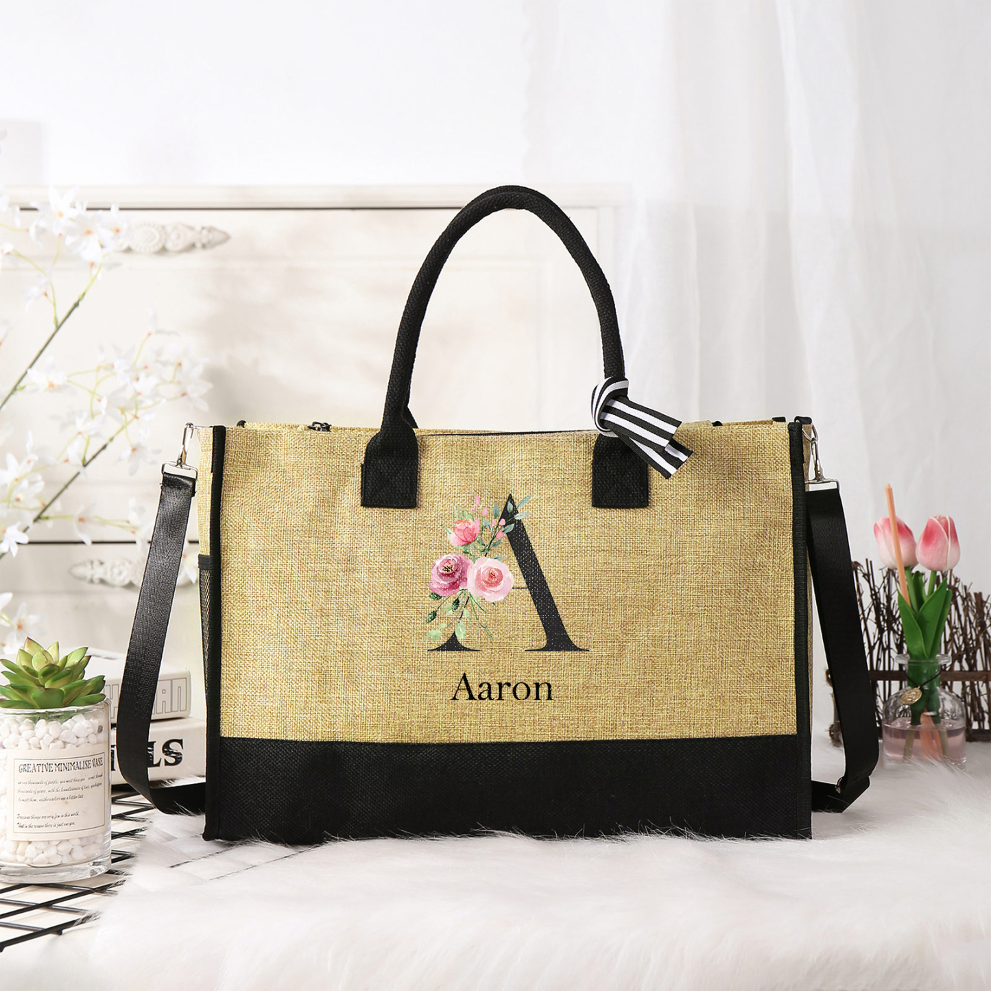 Sac Fourre-Tout en Jute 1 Prénom Personnalisé avec Lettre et rose Cadeau pour femme | Jessemade