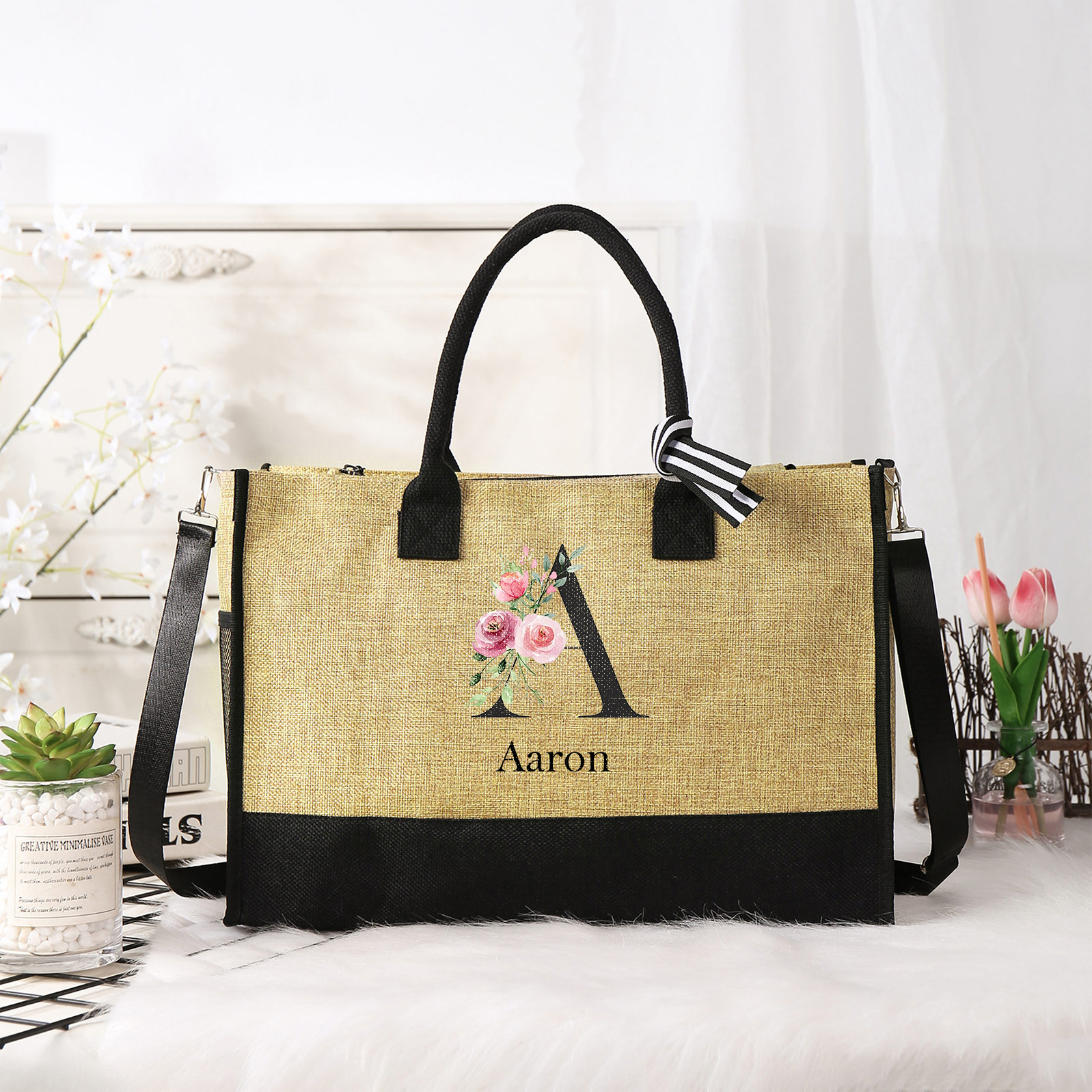 Sac Fourre-Tout en Jute 1 Prénom Personnalisé avec Lettre et rose Cadeau pour femme | Jessemade
