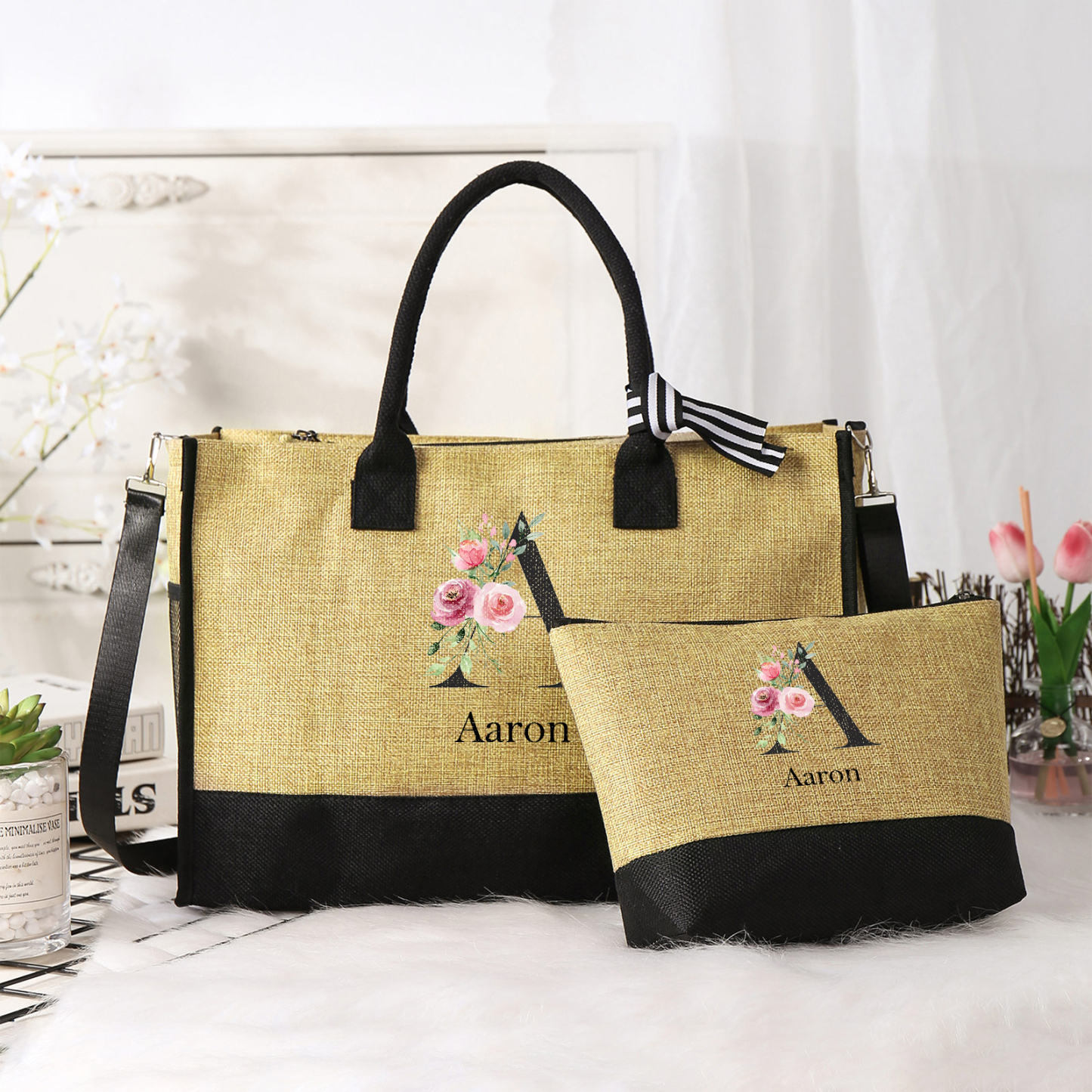 Sac Fourre-Tout en Jute 1 Prénom Personnalisé avec Lettre et rose Cade