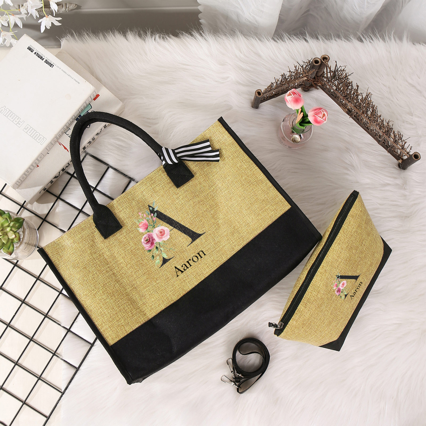 Sac Fourre-Tout en Jute 1 Prénom Personnalisé avec Lettre et rose Cadeau pour femme | Jessemade
