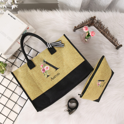 Sac Fourre-Tout en Jute 1 Prénom Personnalisé avec Lettre et rose Cadeau pour femme | Jessemade