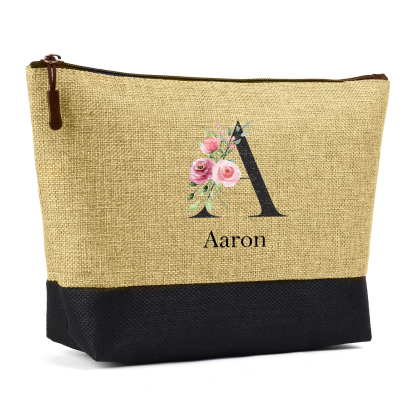 Sac Fourre-Tout en Jute 1 Prénom Personnalisé avec Lettre et rose Cadeau pour femme | Jessemade