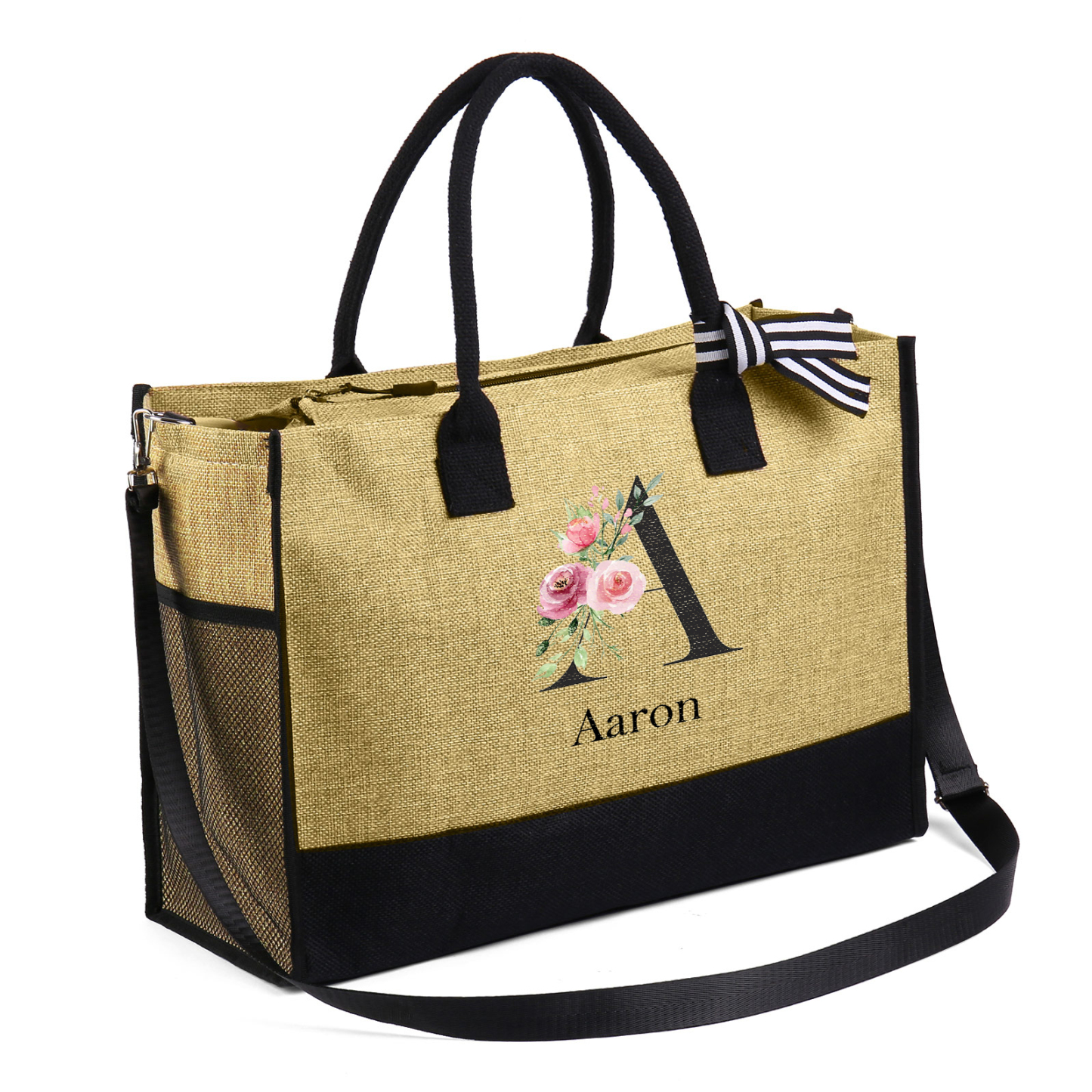 Sac Fourre-Tout en Jute 1 Prénom Personnalisé avec Lettre et rose Cadeau pour femme | Jessemade