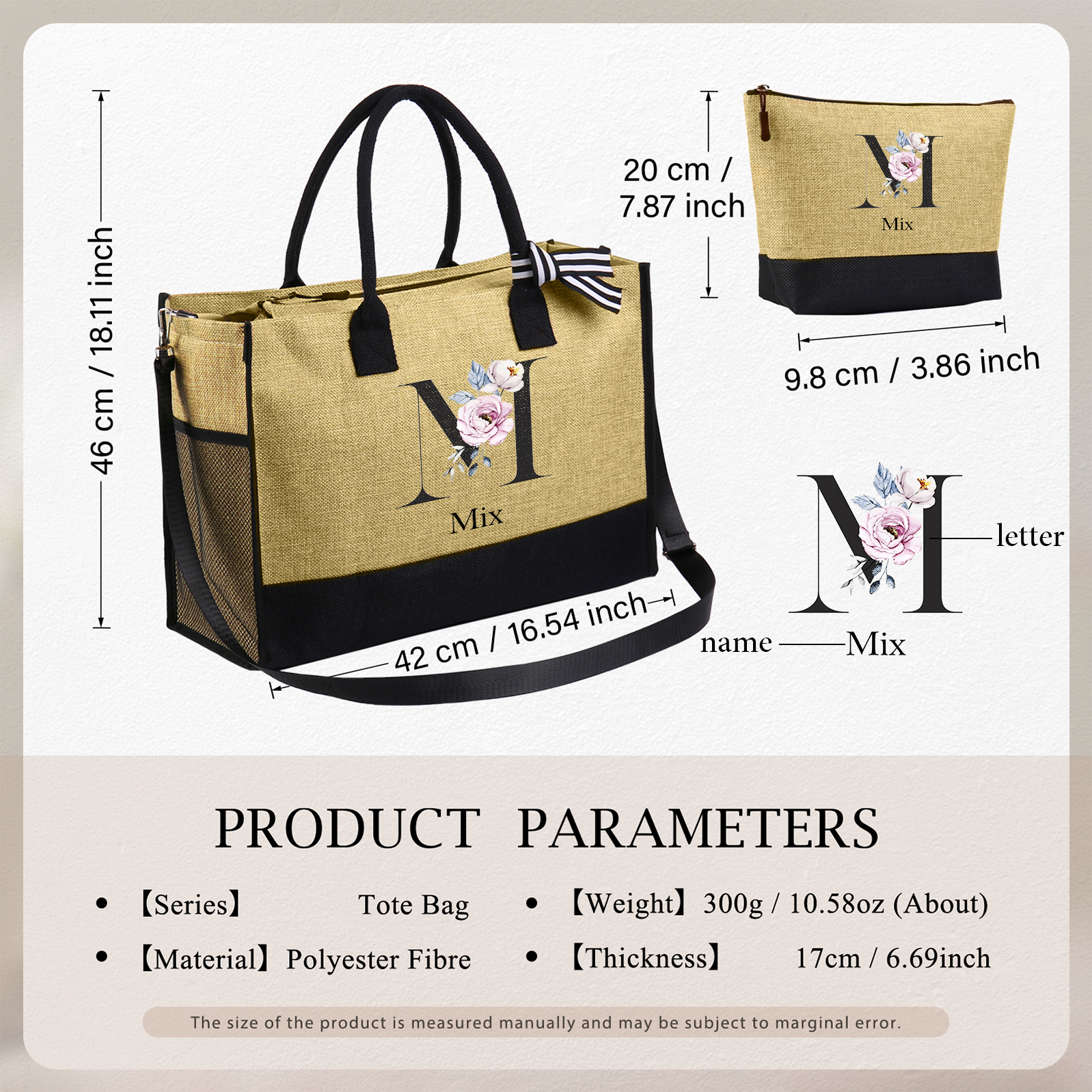 Sac Fourre-Tout en Jute 1 Prénom Personnalisé avec Lettre et Fleur Cadeau pour femme | Jessemade