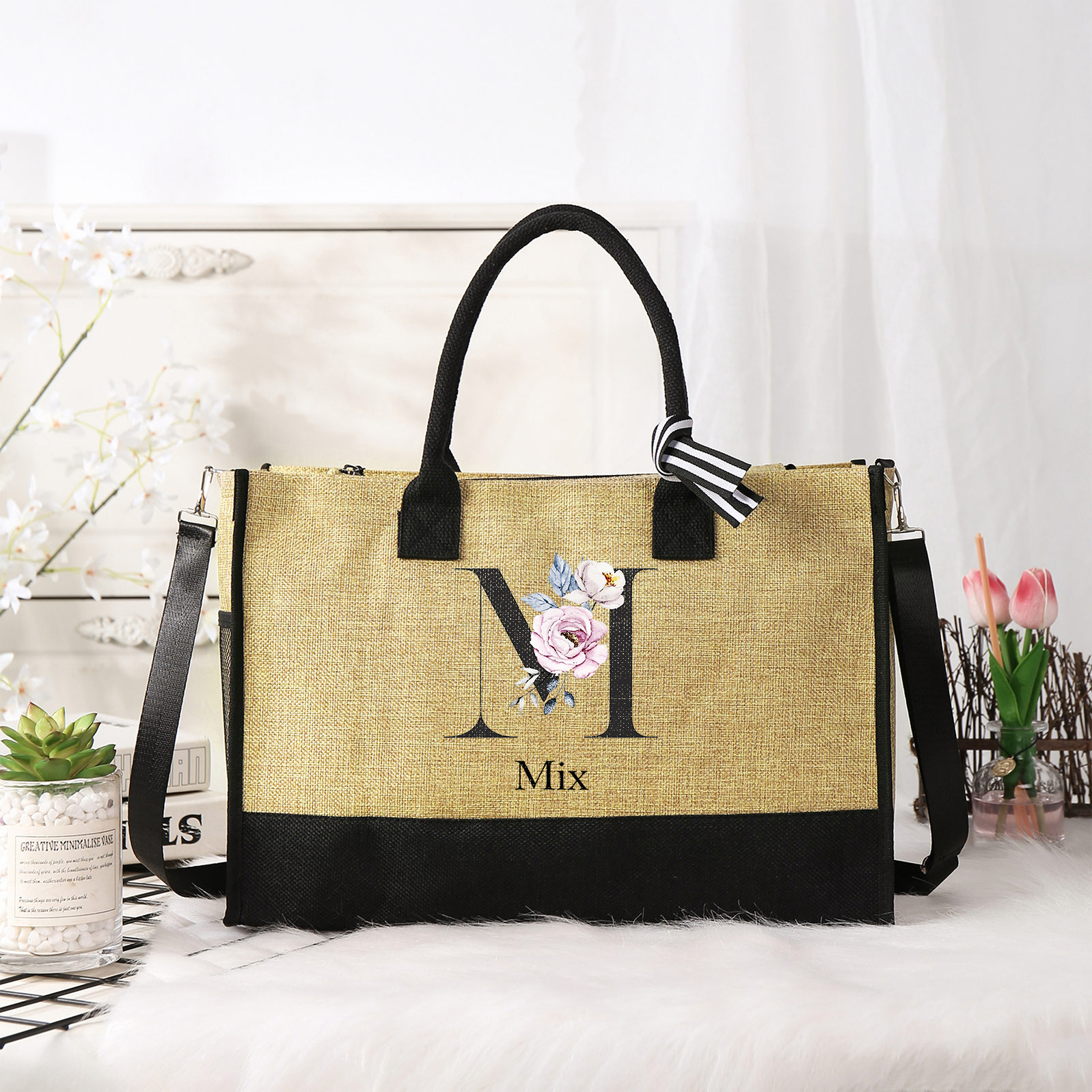Sac Fourre-Tout en Jute 1 Prénom Personnalisé avec Lettre et Fleur Cadeau pour femme | Jessemade